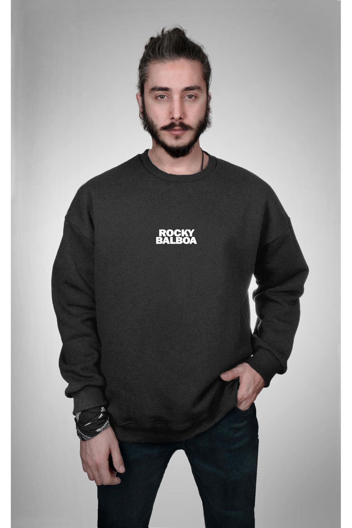 Darkia Rocky Balboa Film Yazılı Baskılı Koyu Gri Antrasit Unisex Oversize Sweatshirt