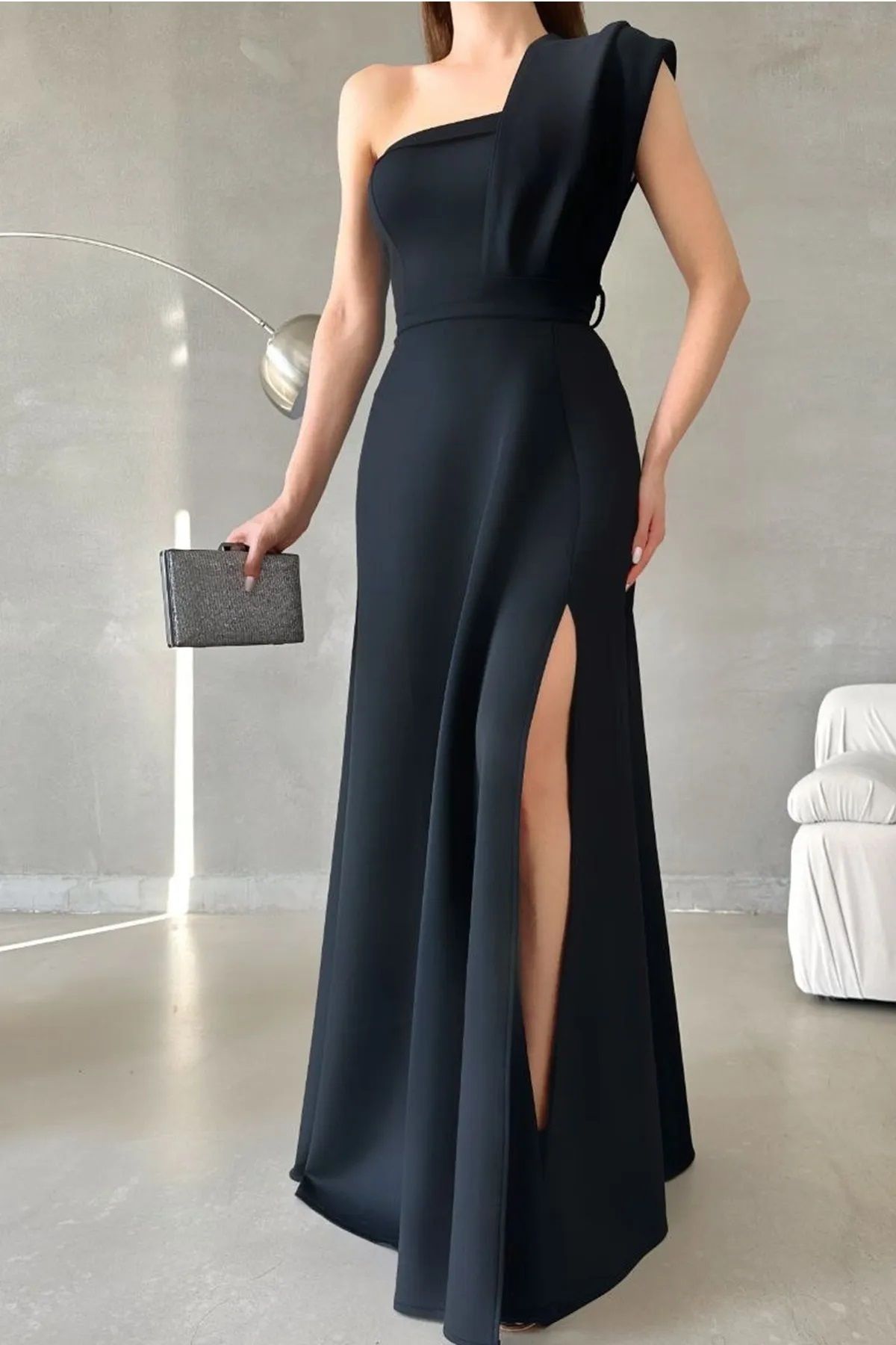 WOMAN VISION Kadın Siyah Esnek Dalgıç Kumaş Tek Omuz Yırtmaç Detaylı Maxi Elbise 582754