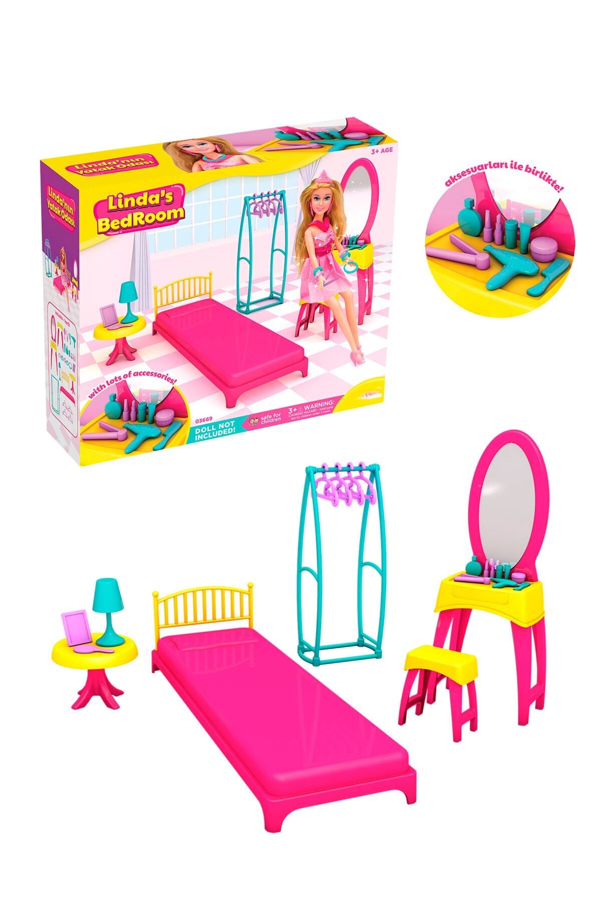 ToXA Linda'nın Yatak Odası Barbie Yatağı Evcilik Seti Sehpa Güzellik Makyaj Masası Askı Oyun Set 03669