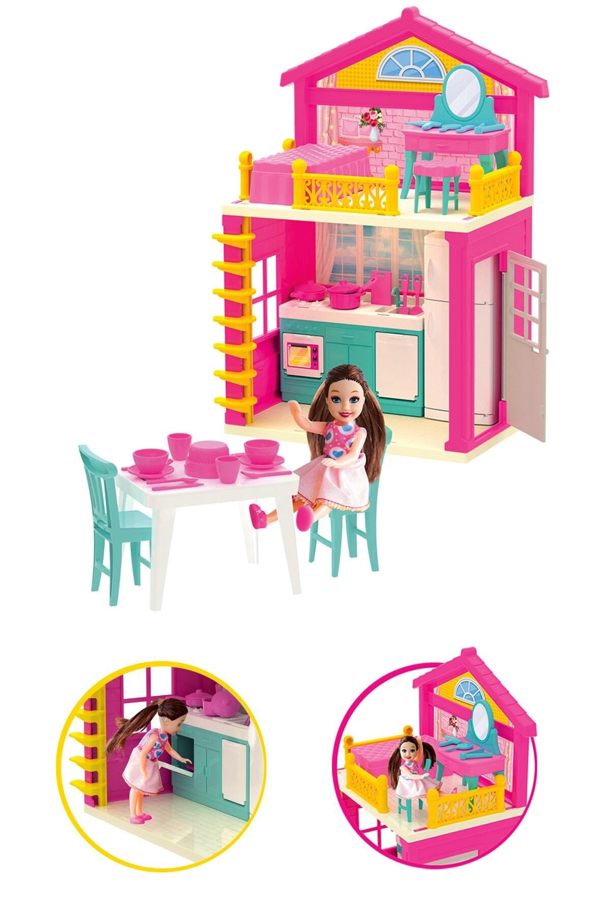 ToXA Lola'nın 2 Katlı Evi Bebekli Yatak Odası Mutfak Barbie Chelsea Ev Oyuncak Bebek Evcilik Seti 03661