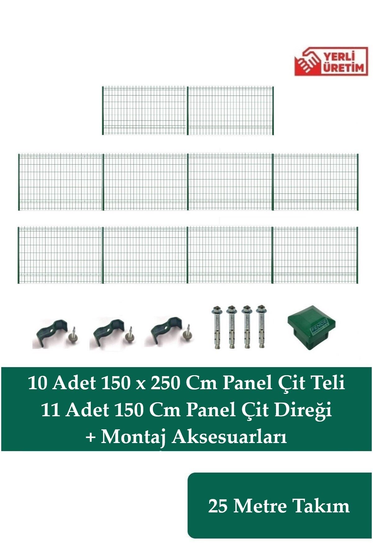 Fence Company 150 Cm X 25 Metre Panel Çit Takım | Yeşil Bahçe Çiti (AKSESUARLAR DAHİL)