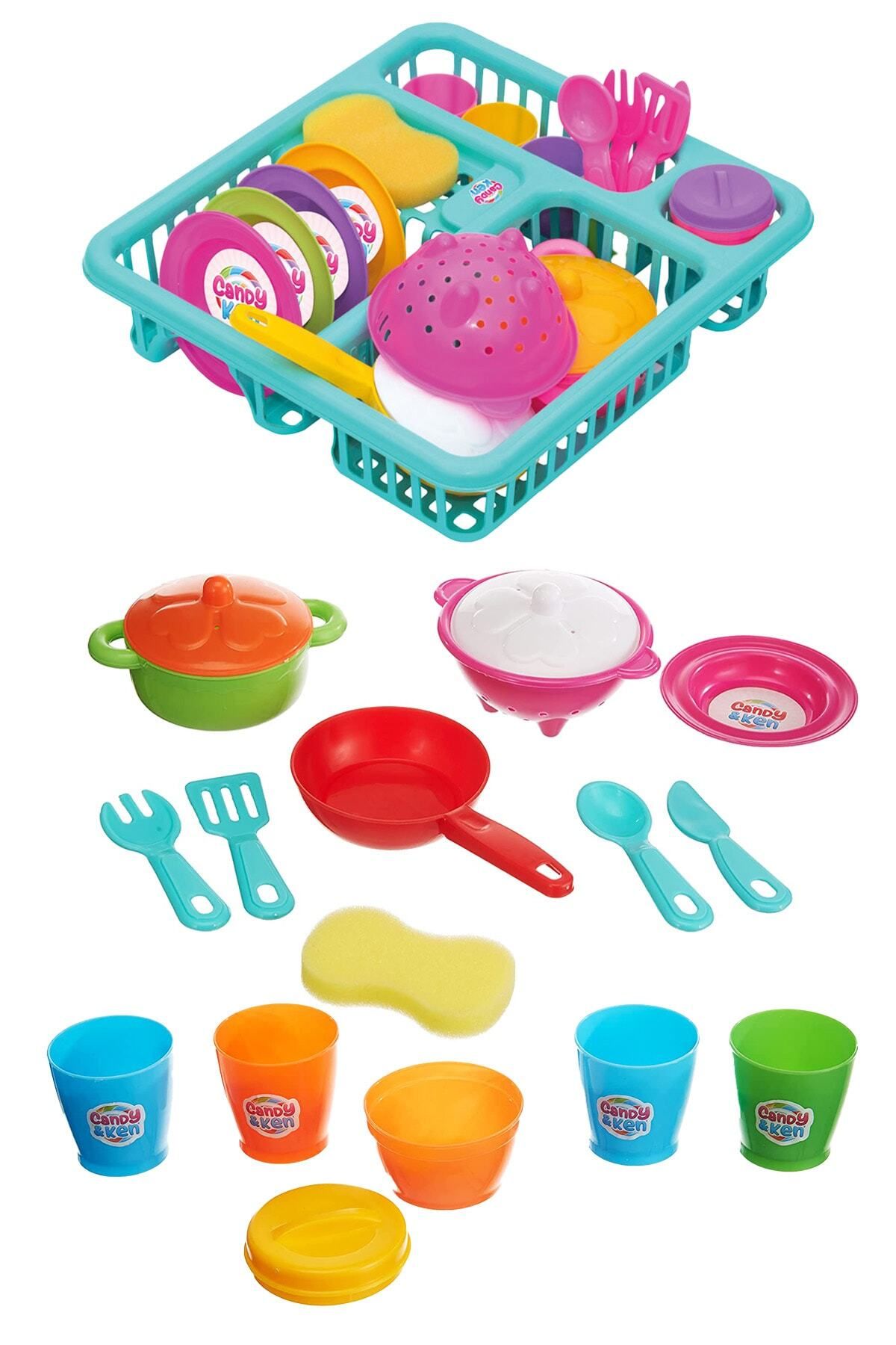 ToXA 21 Parça Bulaşıklık Mutfak Seti Candy & Ken Bulaşık Sepeti Rol Oyuncak Çocuk Set 01169