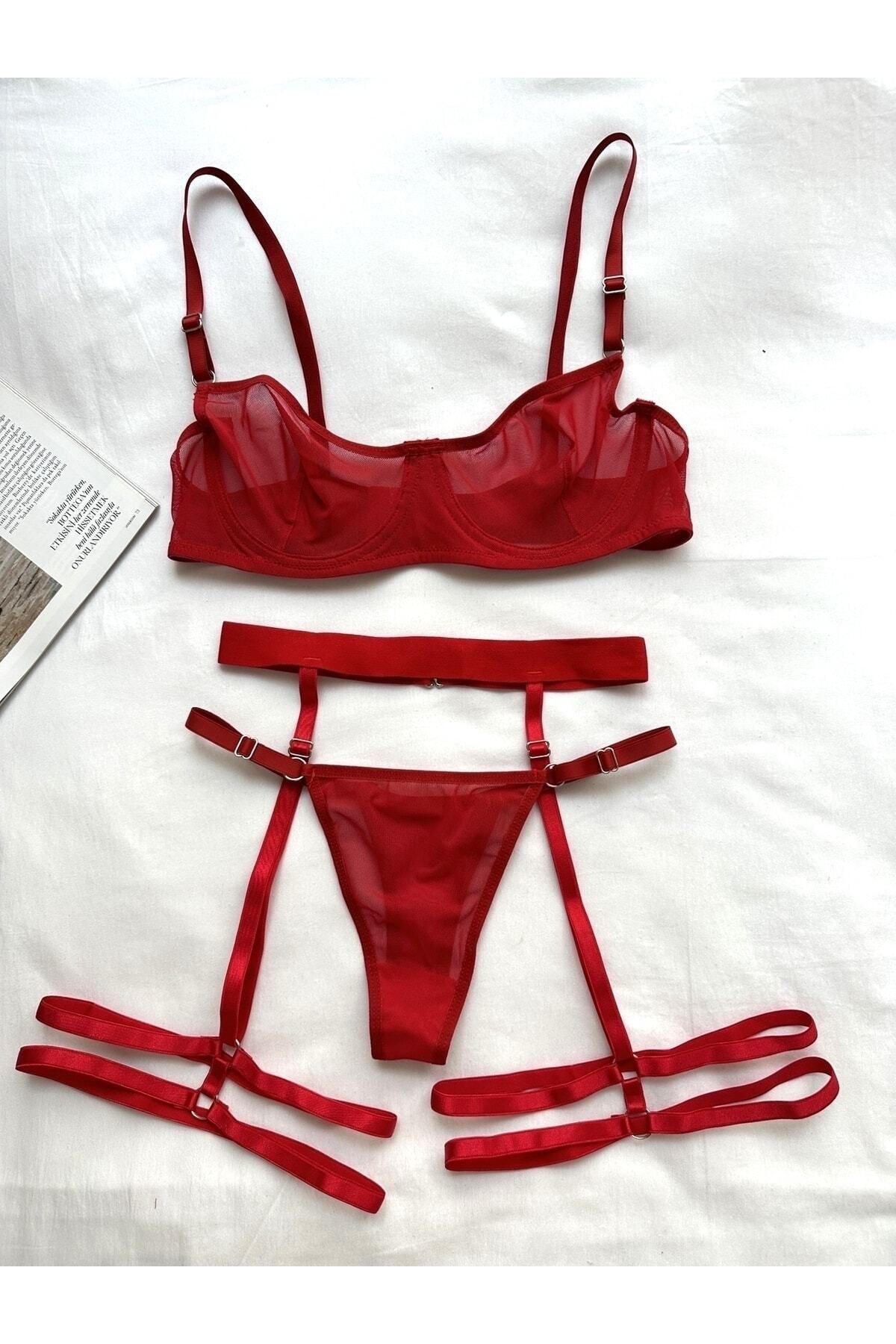 EDLİNGERİE Kırmızı Bacak Aksesuarlı Bralet Takımı