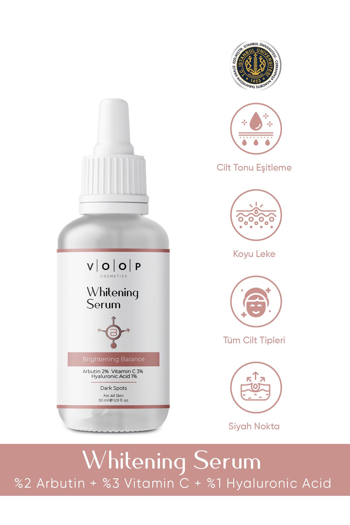 VOOP Cilt Beyazlatıcı & Serum - 30 ml | %2 Arbutin, %3 Vitamin C, %1 Hyaluronik Asit