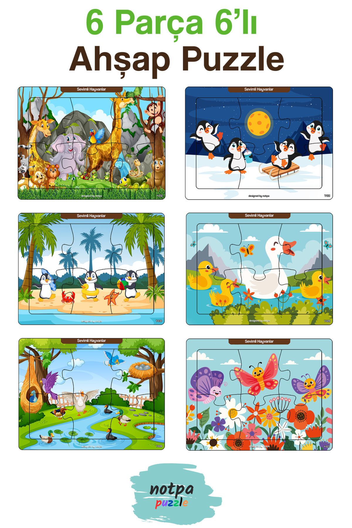 kutuTR Notpa Çocuklar Için Eğitici Ve Öğretici Ahşap 6 Parça 13x17 Renkli Puzzle 6'lı Set-606