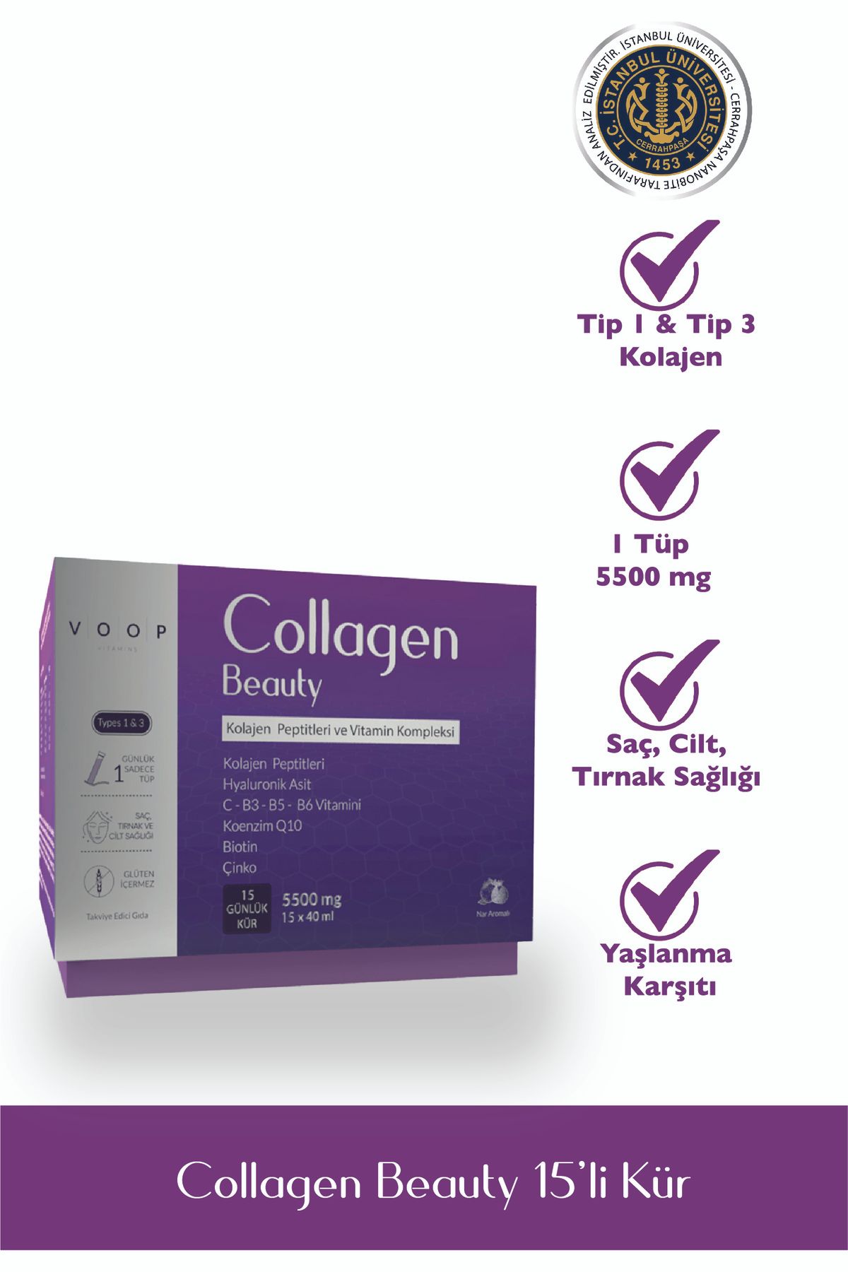 VOOP Collagen Tip 1 Ve Tip 3 5500 mg Nar Aromalı Hyaluronic Asit+q10+biotin+çinko 15 Shot X 40 ml