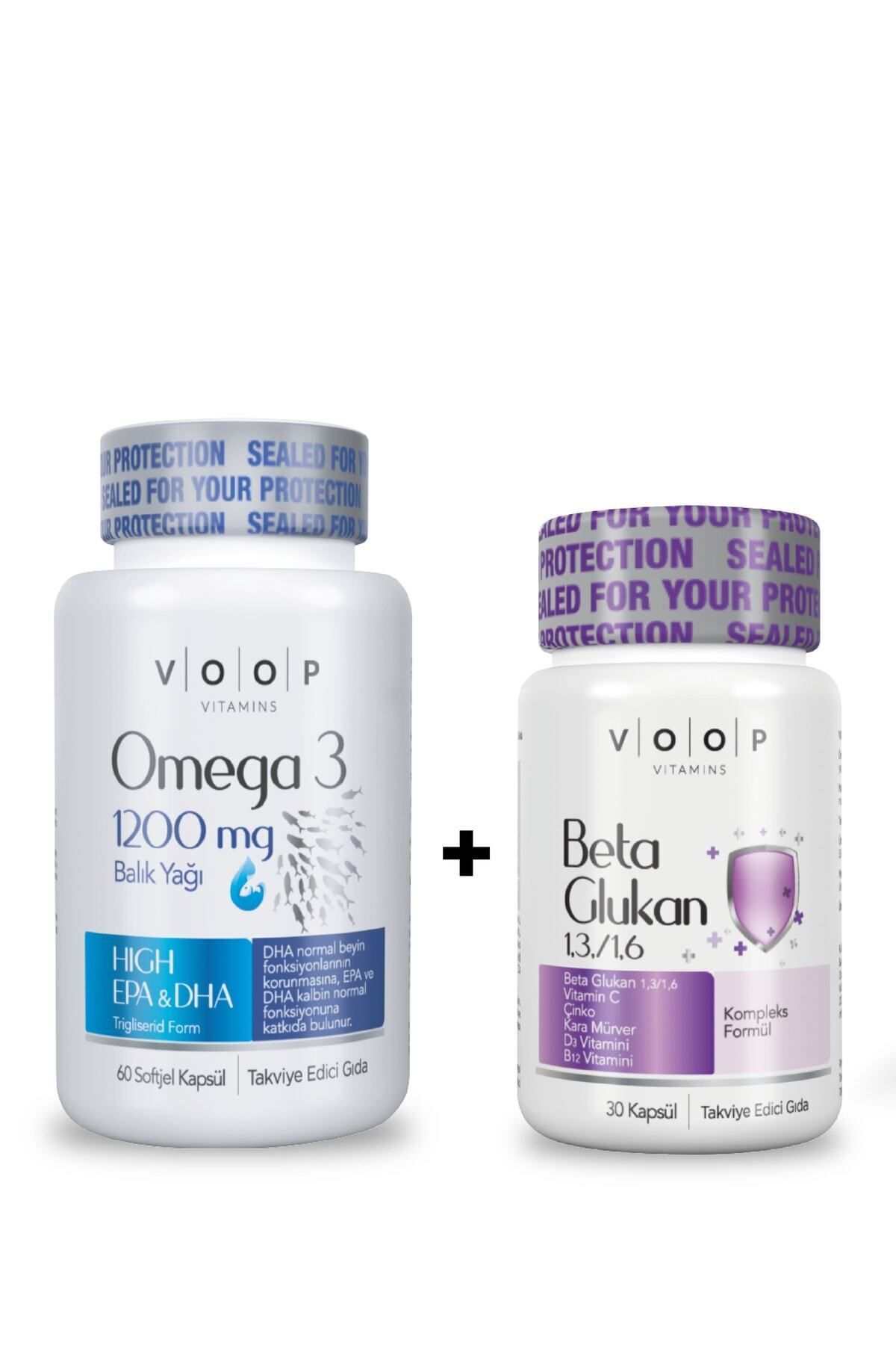 VOOP Omega 3 1200 mg 60 Kapsül + Voop Beta Glukan 1,3/1,6 Kara Mürver, Vitamin C, Çinko 30 Kapsül