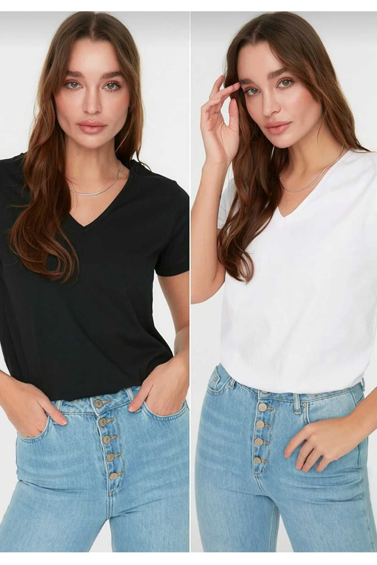 Tight Lady süper kalite siyah ve beyaz 2`li paket V-yaka kadın Basic tişört örme pamuk penye t-shirt