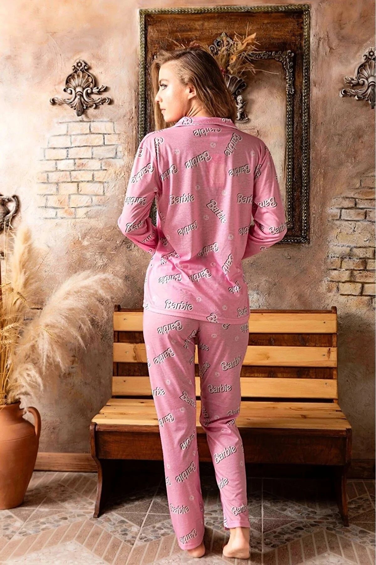 Barbie Desenli Kadın Penye Uzun Kol Pijama Takımı