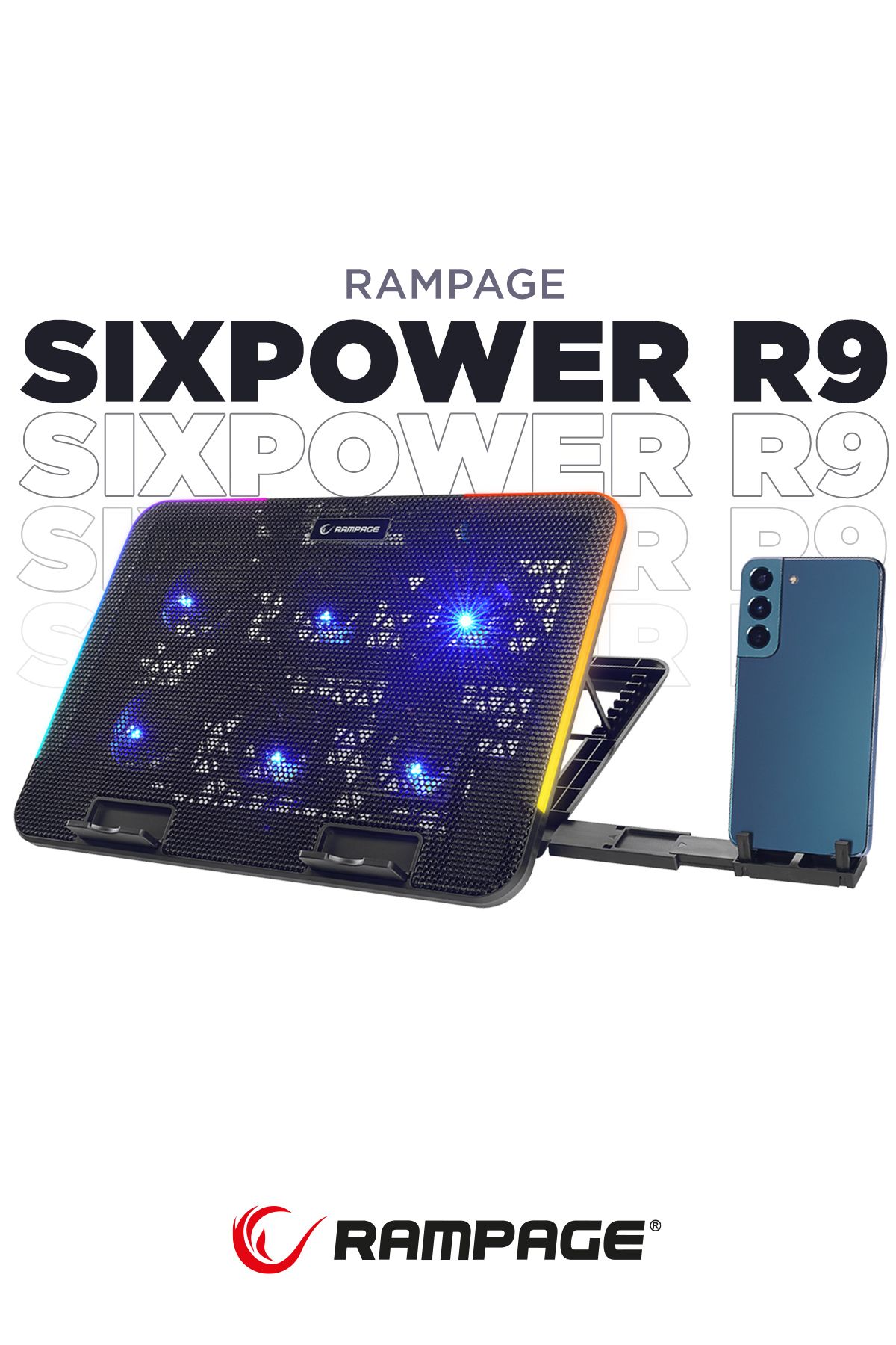 Rampage SIXPOWER R9 6 Fan RGB Işıklı Telefon Tutuculu Notebook Soğutucu
