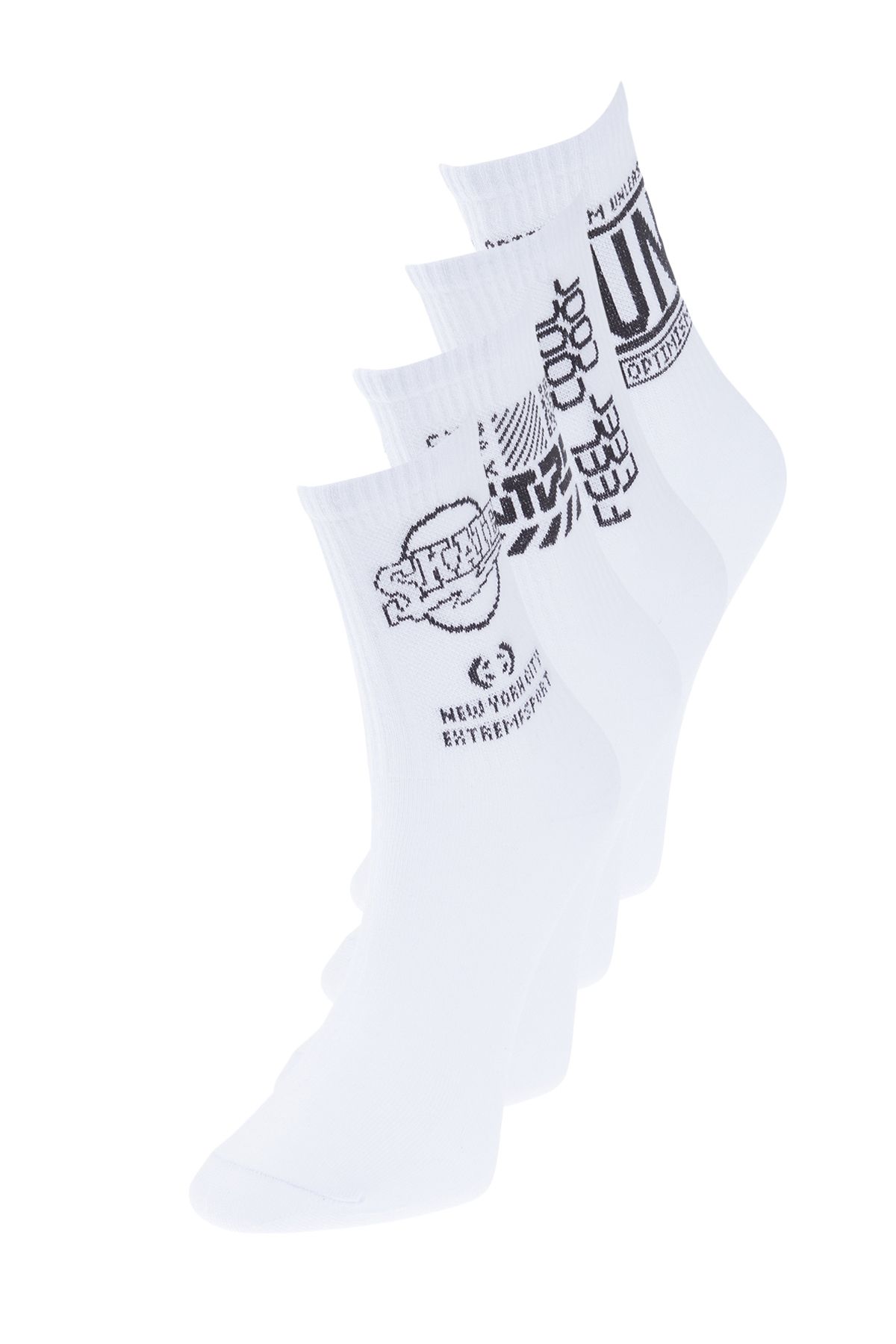 TRENDYOL MAN Beyaz  4'lü Paket Pamuklu Yazı Desenli Kolej-Tenis-Orta Boy Çorap TMNSS24CO00016