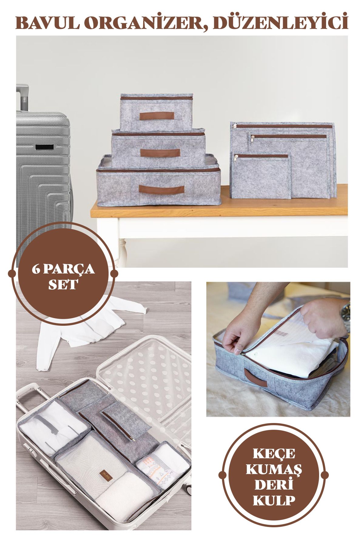 Manken İstanbul Merva 6 Parça Set Deri Detaylı Bavul İçi Düzenleyici, Bavul Organizer, Valiz Düzenleyici