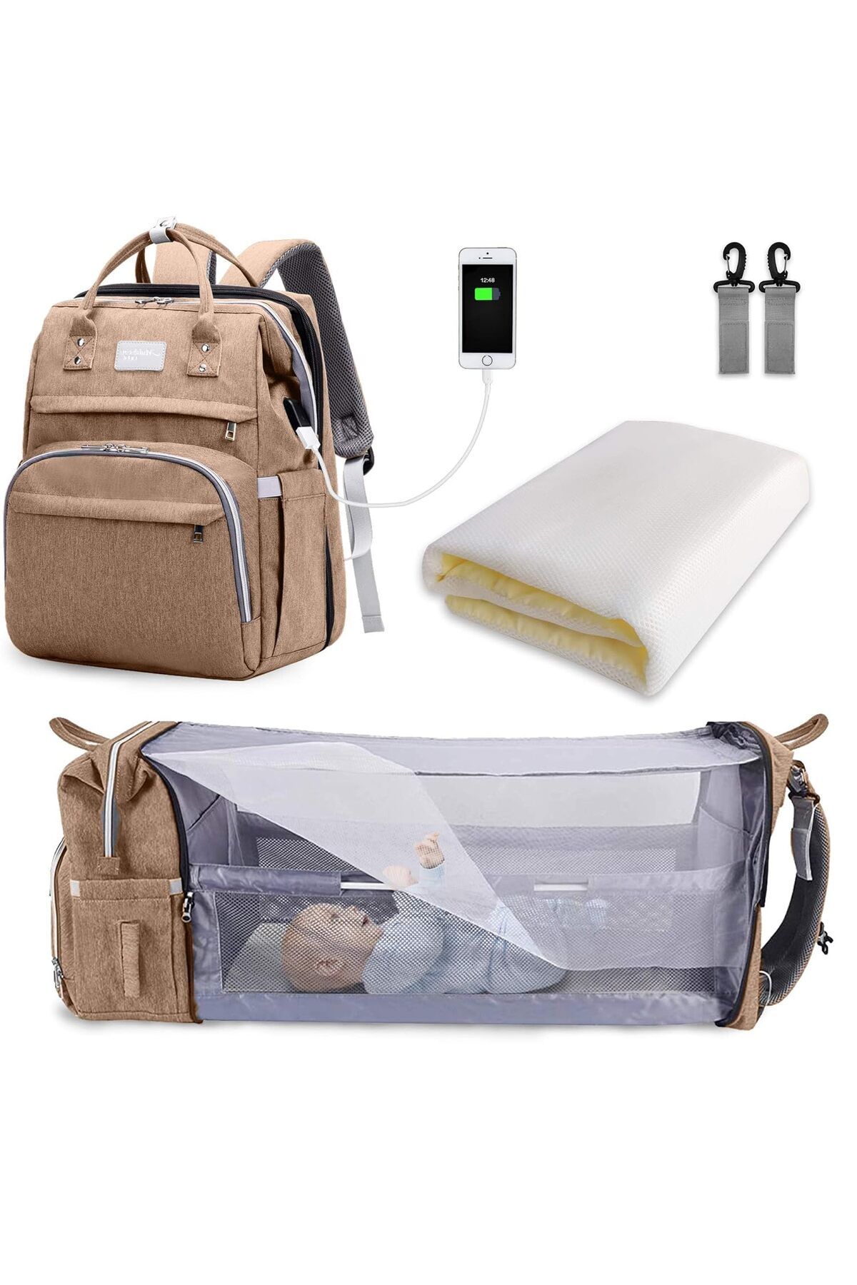 SNDMOR Yatağa dönüşebilen büyük bebek sırt çantası, çok fonksiyonlu çanta, bez değiştirme çantası