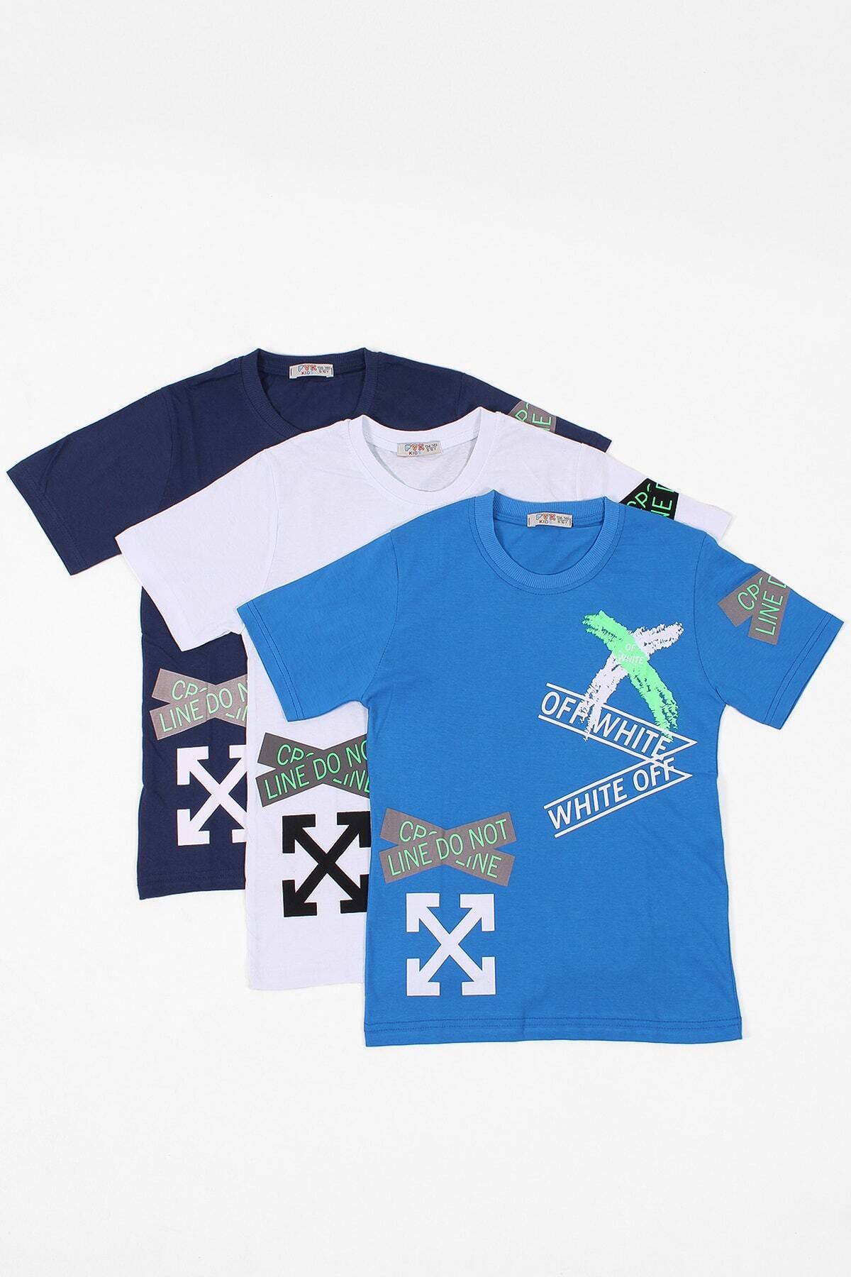 FYK KİDS 3lü Baskılı X Collection Erkek Çocuk Mavi Beyaz Indigo T-shirt