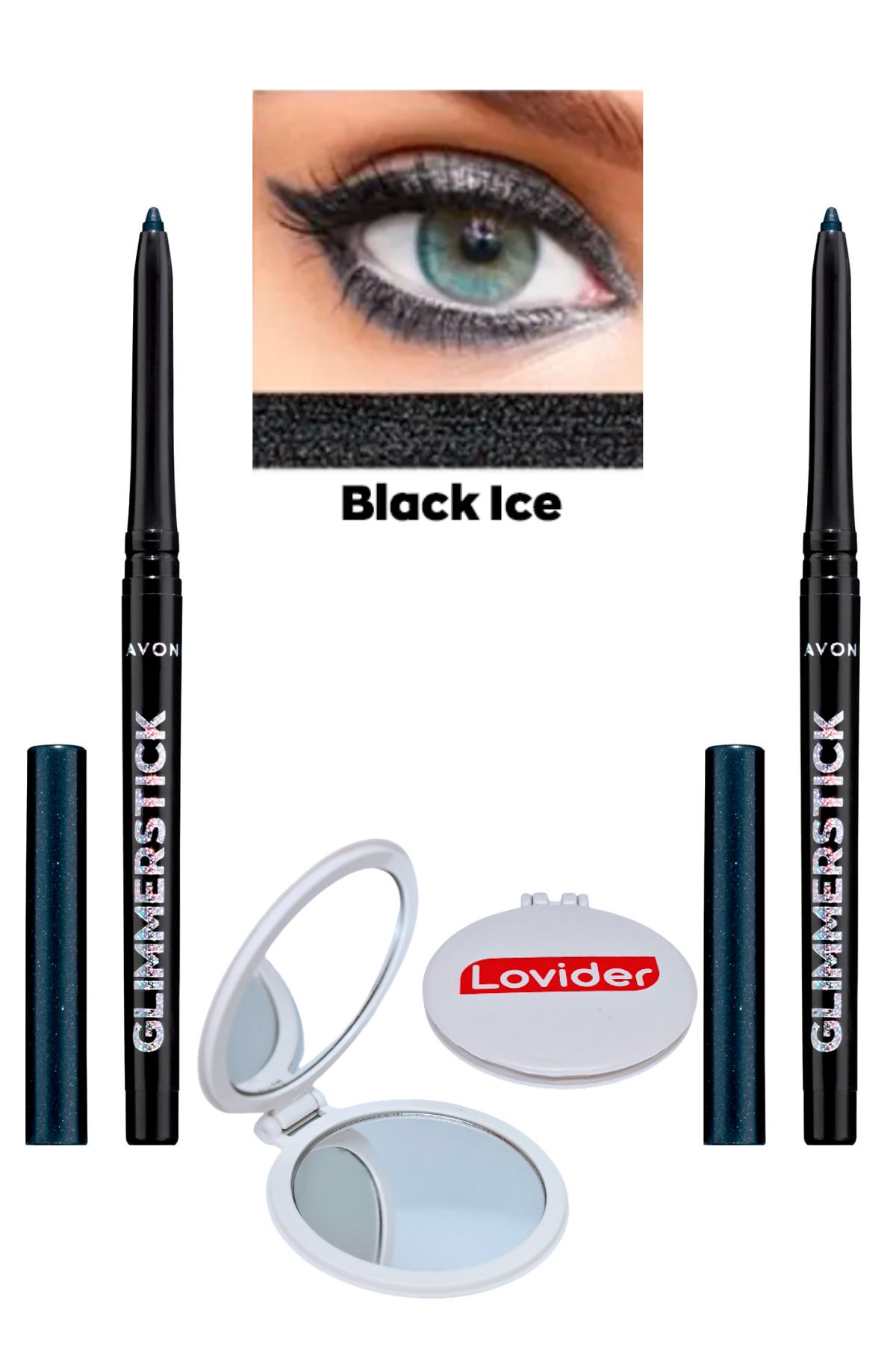Avon Glimmerstick Asansörlü Göz Kalemi Pırıltılı - Black Ice 2'li + Lovider Cep Aynası Hediye