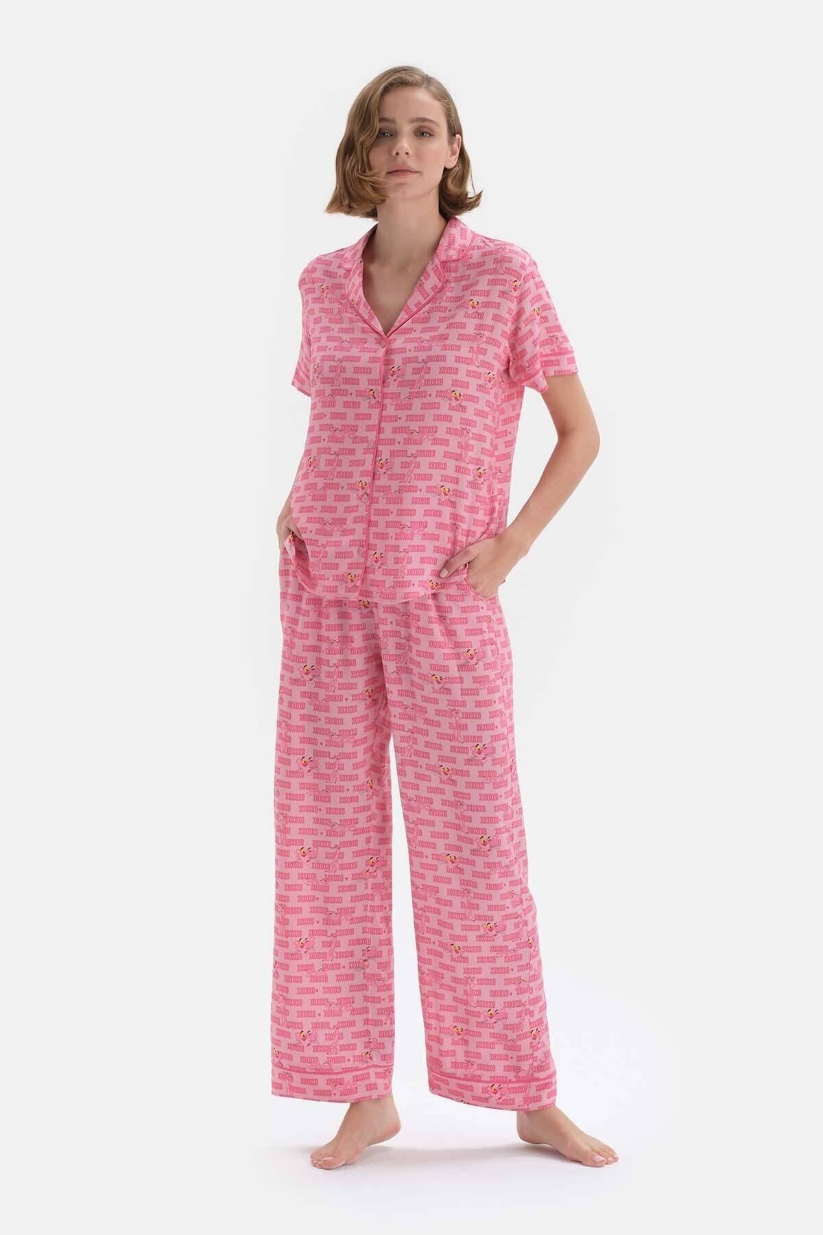Dagi Pembe Kısa Kol Pembe Panter Lisanslı Viskon Pijama Takımı