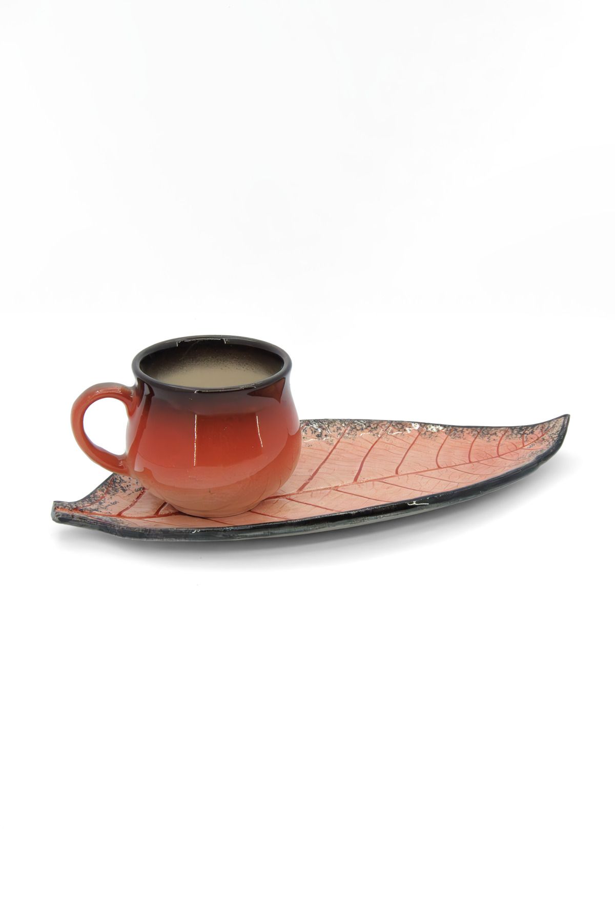 Loomart Dekoratif Düz Yaprak Tasarımlı El Yapımı Seramik Tek Kişilik Kahve Fincanı Seti - Kırmızı