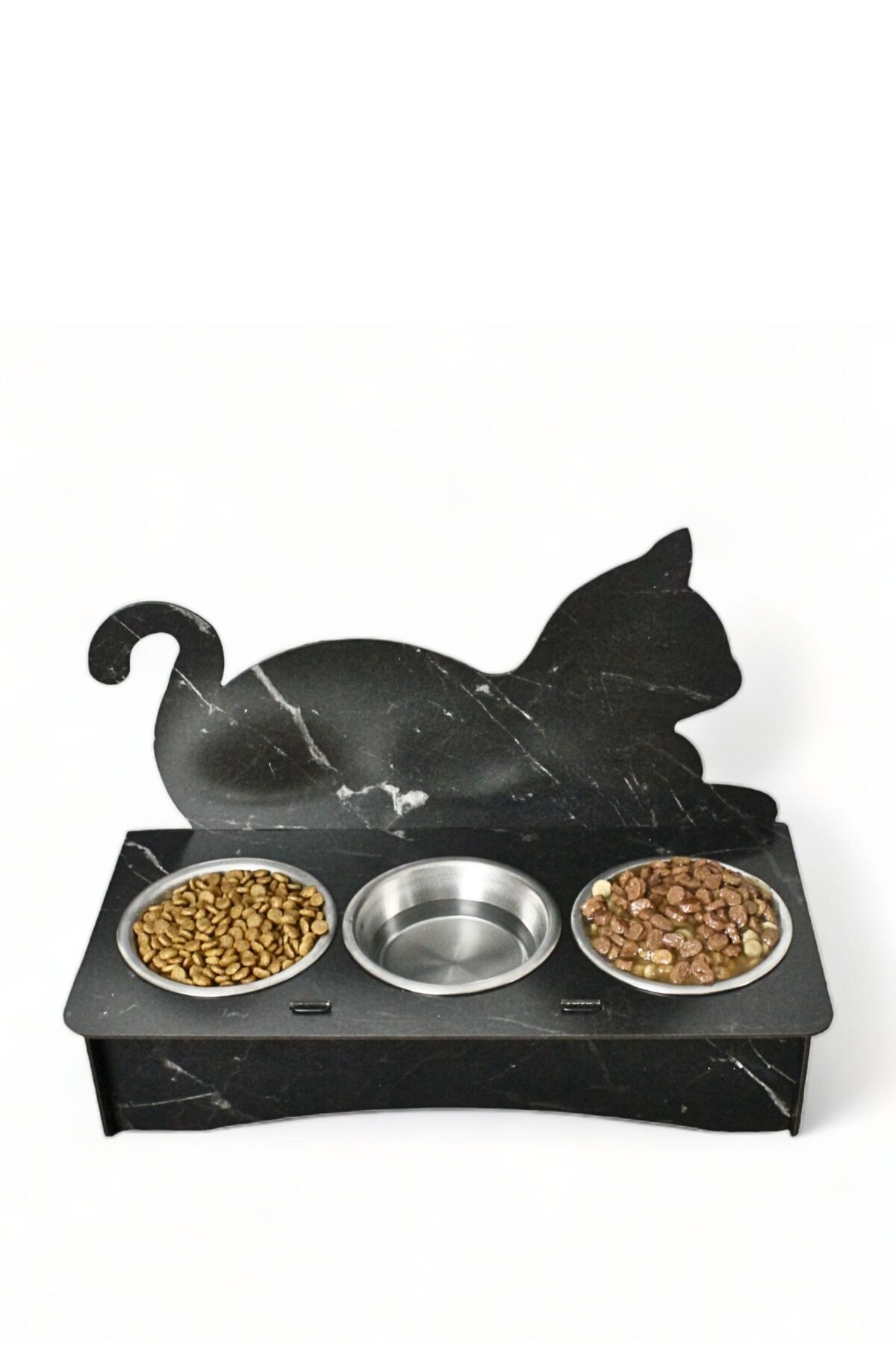 Evene Kedi Mama Kabı Kedi Su Kabı Kedi Mama ve Su Kabı Kedi Yemek Kabı 3 Çelik Kase Model 4 Siyah Mermer