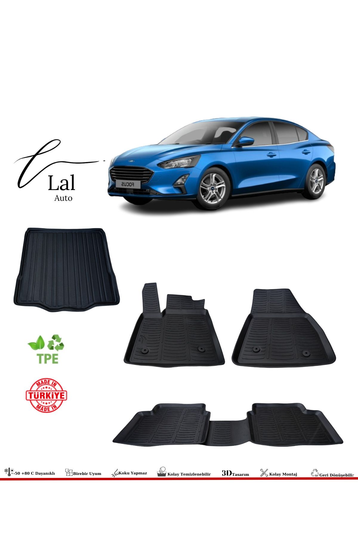 Lal Ford Focus 5 Sedan 2019+ (Tamir Kitli + Ses Sistemli) 3D Havuzlu Paspas Bagaj Havuzu Seti