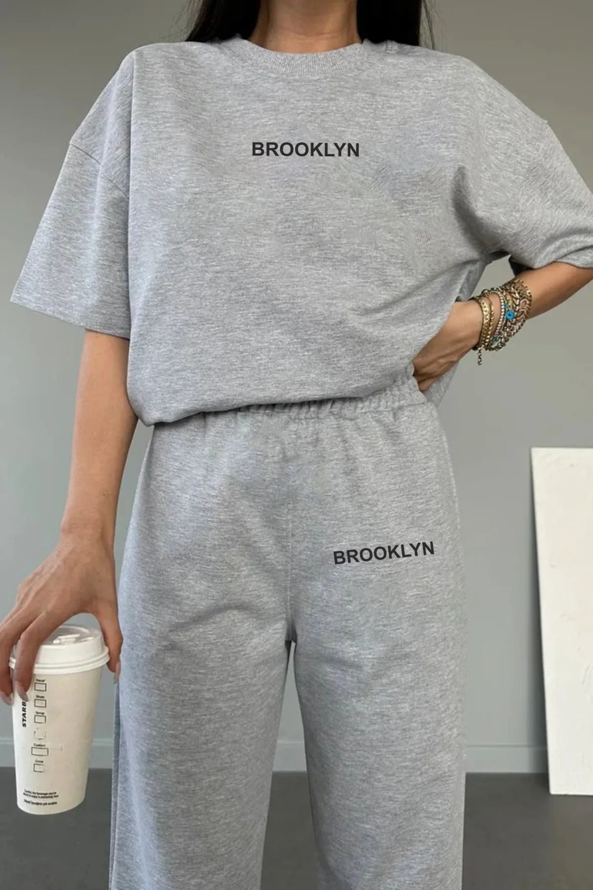 Genel Markalar Kadın Brooklyn Baskılı Sweatshirt Alt Üst Eşofman Takımı