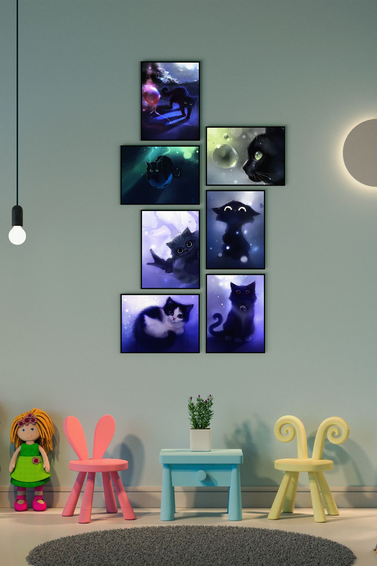 UON Siyah Çerçevesiz Çerçeve Görünümlü Kedi Konseptli 7 Parça Mdf Duvar Tablosu Cats Kediler
