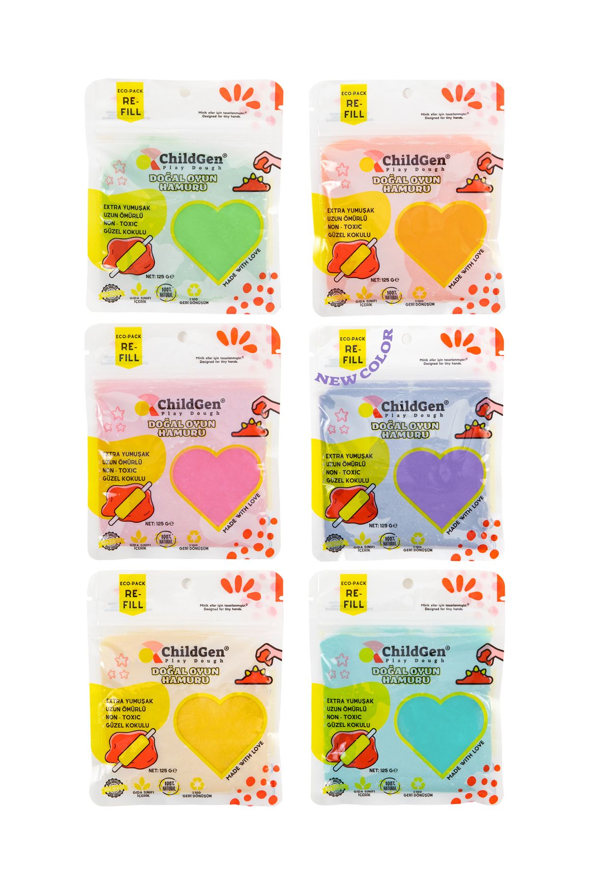 ChildGen Doğal Oyun Hamuru - 6'lı PASTEL Set 6x125 Gr Vakumlu Kartuş Paket - (ecopack-refill)