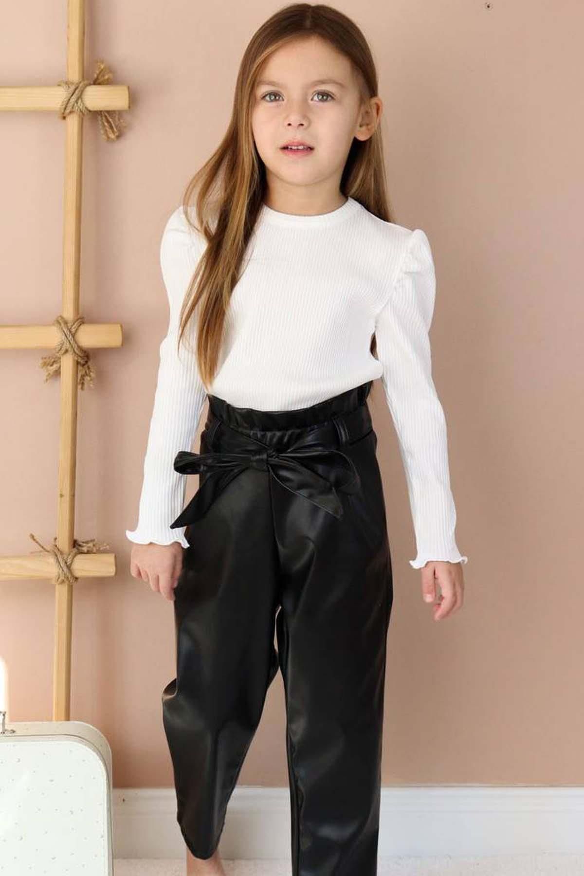 Riccotarz Kız Çocuk Fitilli Bluz ve Deri Pantalon Siyah Alt Üst Takım