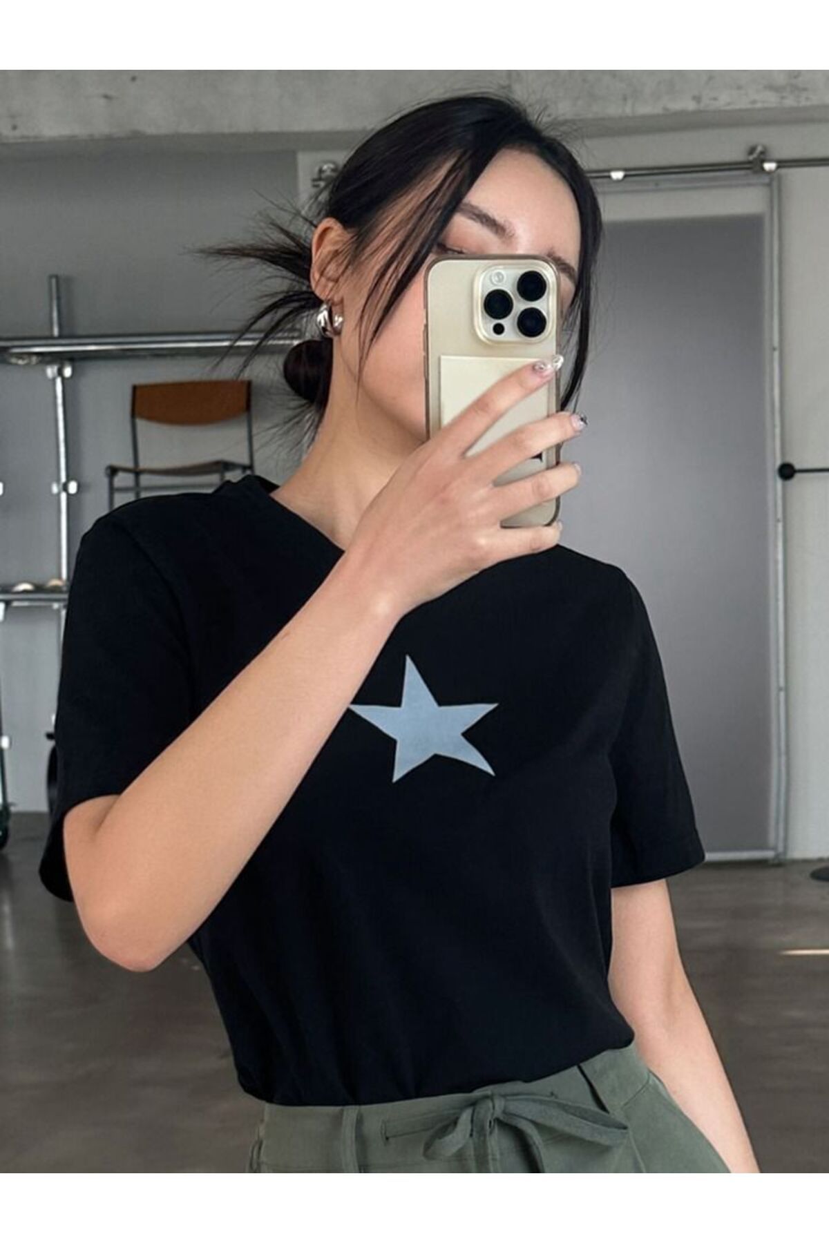 AFROGİYİM Unisex Kücük Yıldız Ön Baskılı Oversize T-shirt
