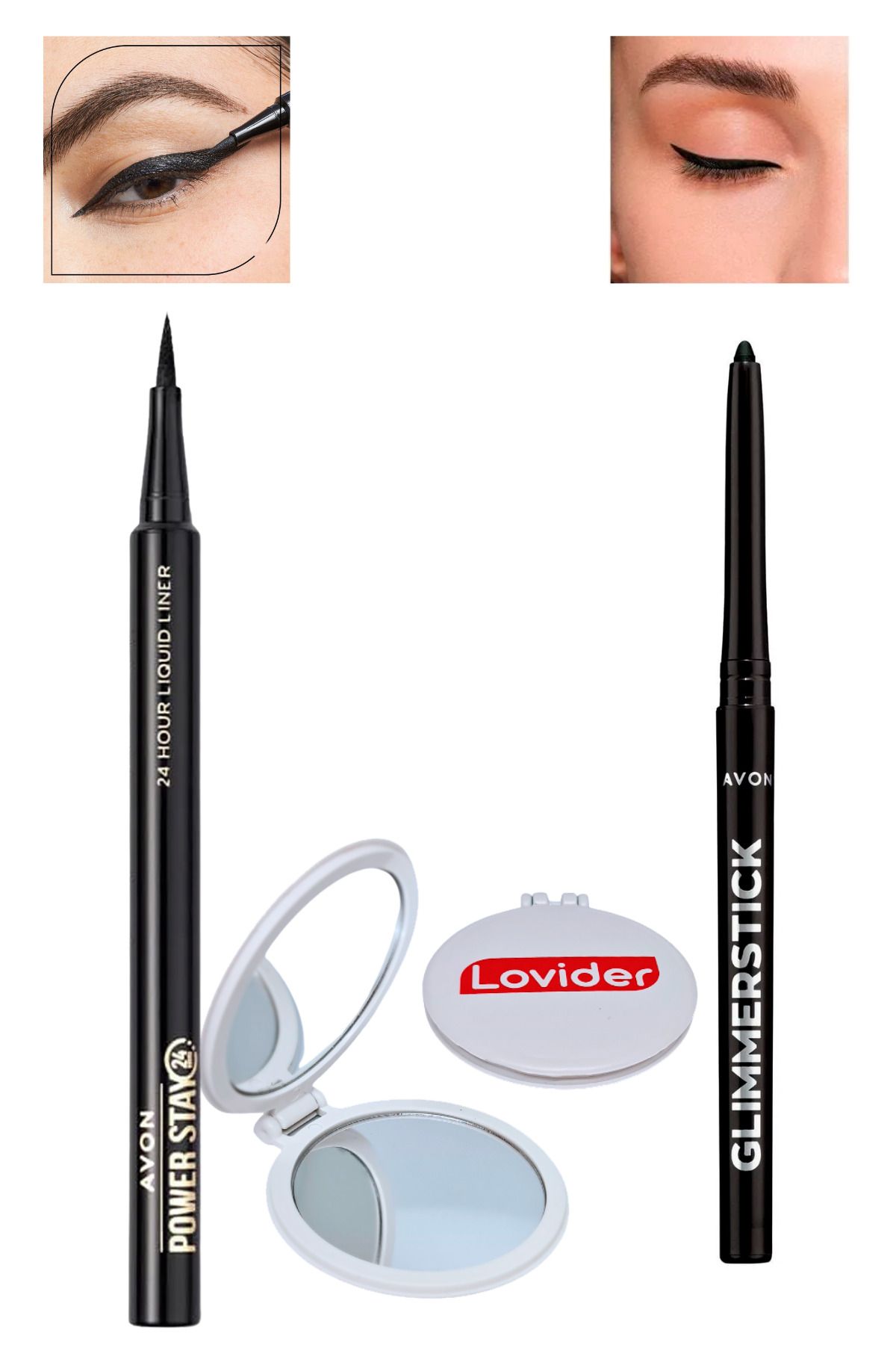 Avon Power Stay Likit Eyeliner Siyah + Asansörlü Göz Kalemi Siyah + Lovider Cep Aynası