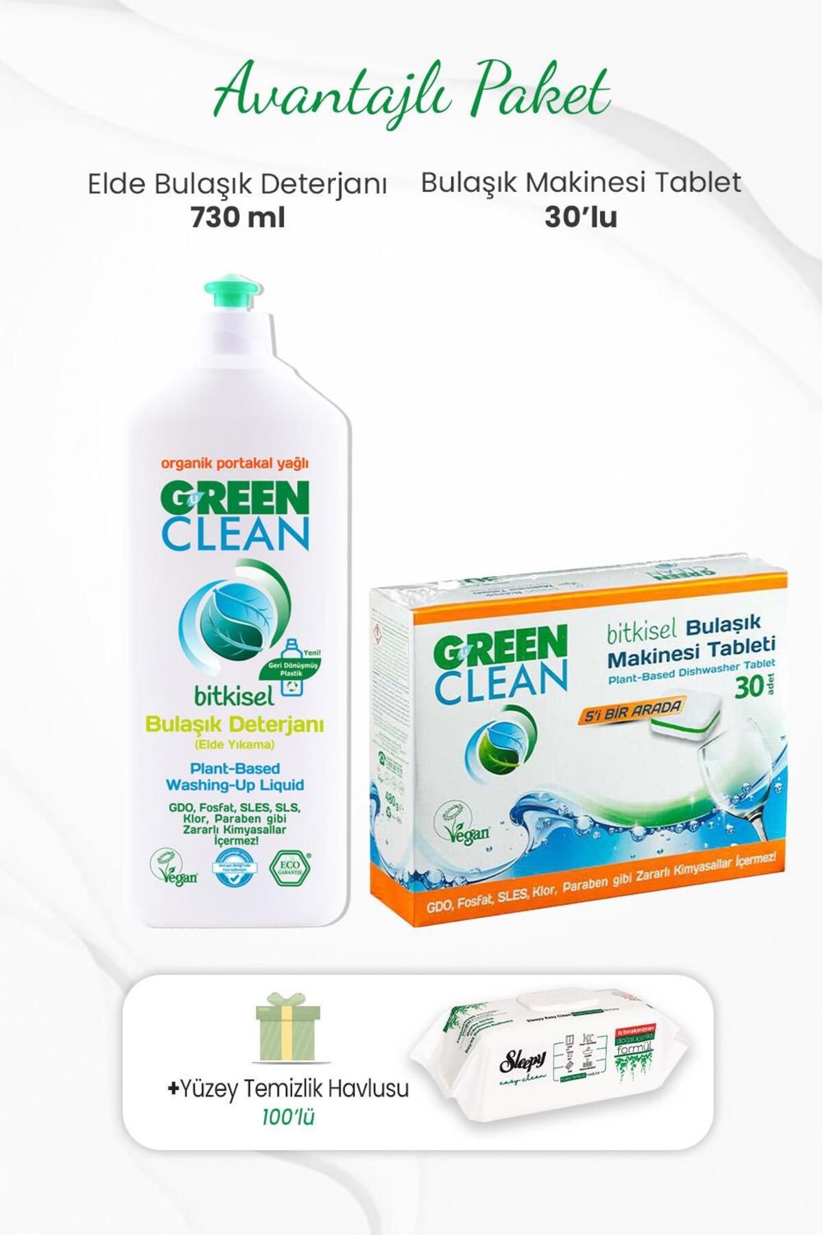 Green Clean Elde Bulaşık Deterjanı 730 Ml,30'lu Bulaşık Makinesi Tableti Ve Temizlik Havlusu 100'lü