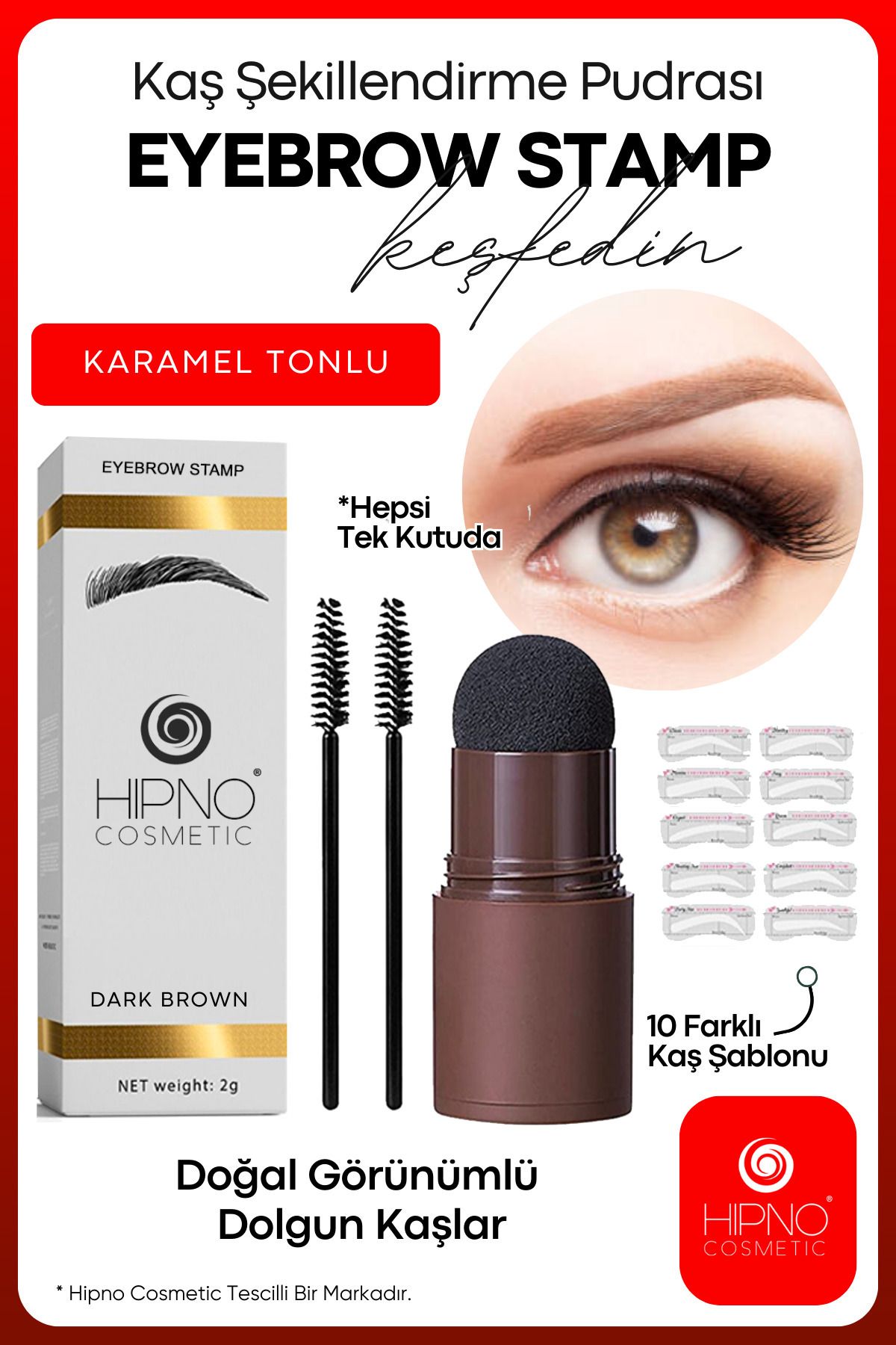 Eyebrow Stamp Hipno Cosmetic Kaş Şekillendirme Kiti- Karamel Tonlu Koyu Kahve(DARK BROWN) 10 Farklı Şablon