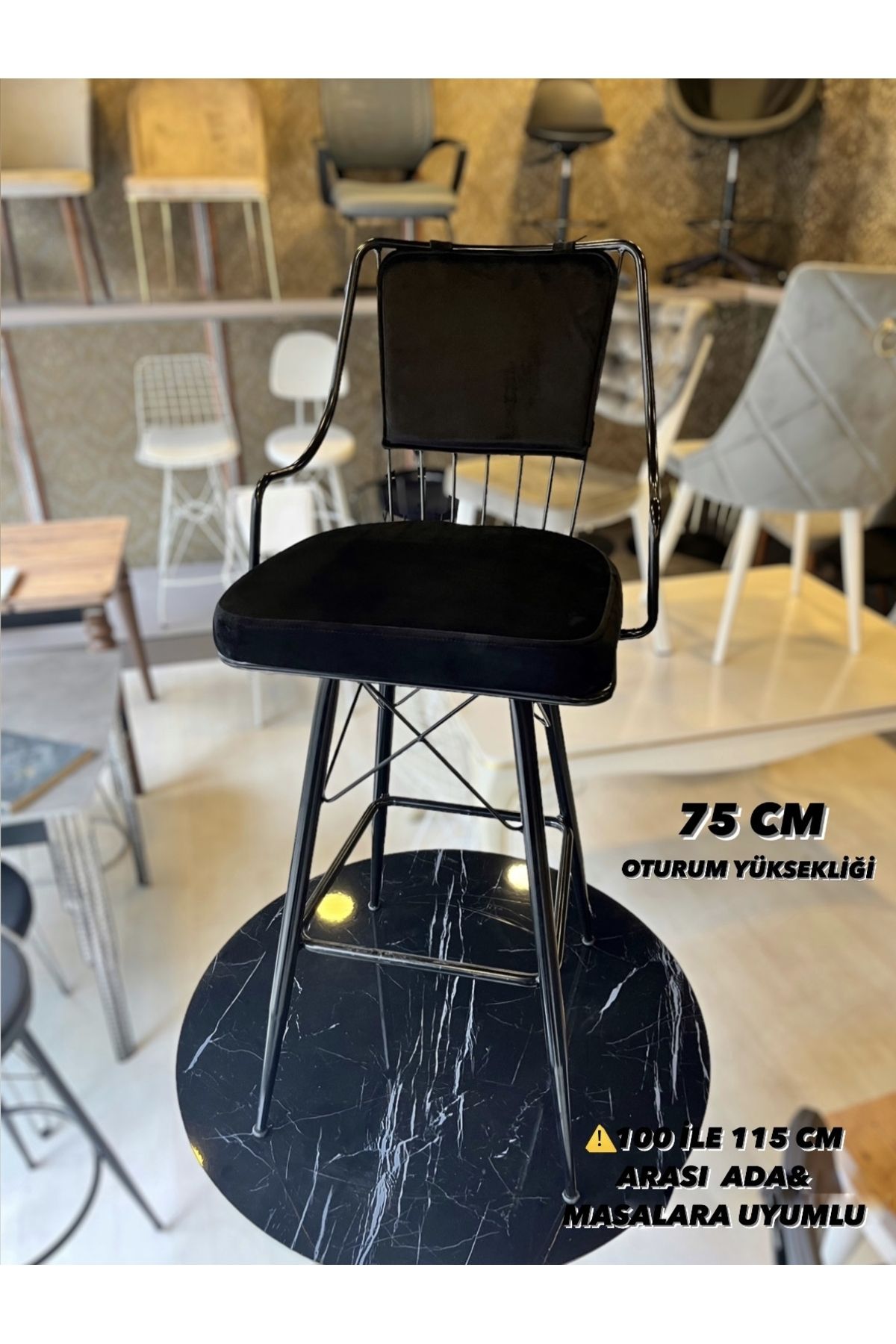 Sandalye Shop Yeni Reina Bar Sandalyesi Babyface Kumaş 75 cm Siyah.100 ile 115 cm arası Ada&Masalara uyumlu