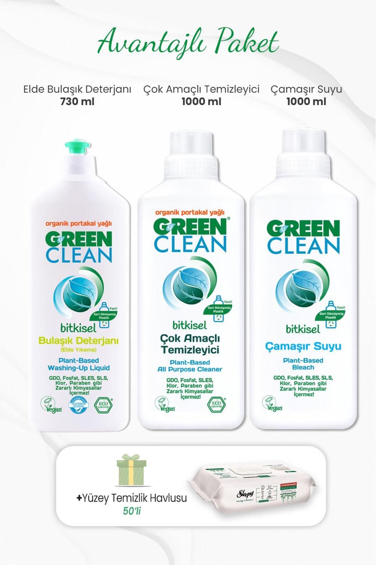 Green Clean Çamaşır Suyu, Çok Amaçlı Temizleyici 1 Lt, Bulaşık Deterjanı 730 ml Ve Temizlik Havlusu