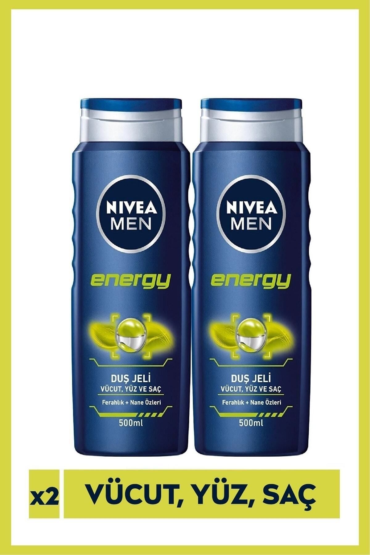 NIVEA MEN Erkek Duş Jeli Energy 500 ml X2, Vücut,Yüz ve Saç İçin,Nane Özlü, Gün Boyu Ferahlık