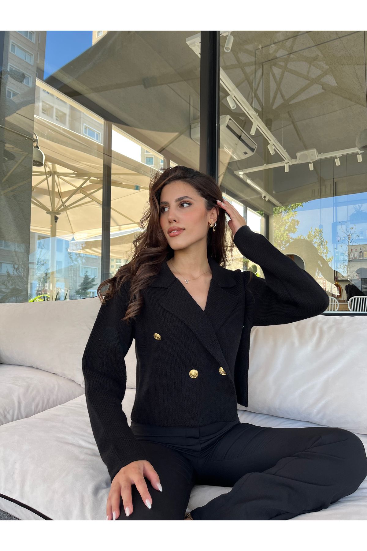 Puella Kadın Altın Düğmeli Triko Crop Hırka Siyah Blazer Ceket