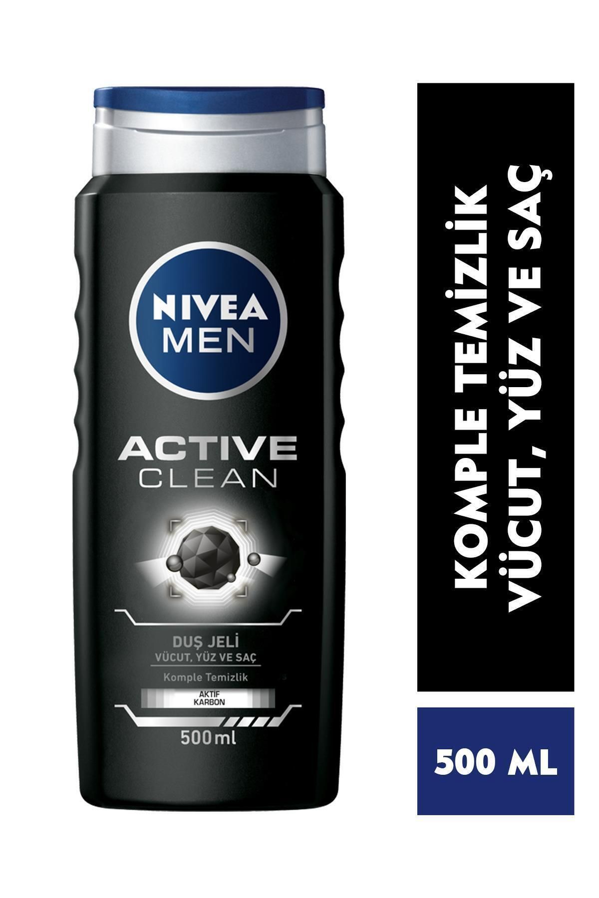 NIVEA MEN Erkek Duş Jeli Active Clean 500 ml,Vücut,Yüz ve Saç İçin, 24 Saat Ferahlık