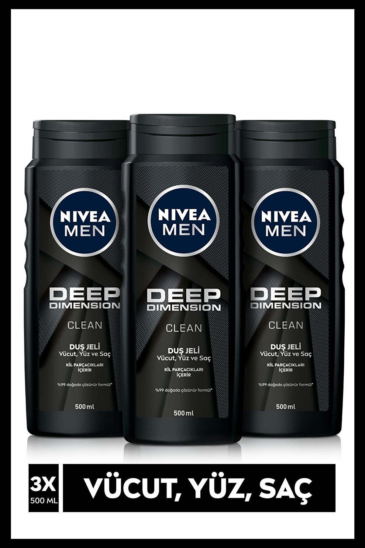 NIVEA MEN Erkek Duş Jeli Deep Dimension 500 ml x3 Adet, Vücut,Yüz ve Saç için Temizleme ve Bakım