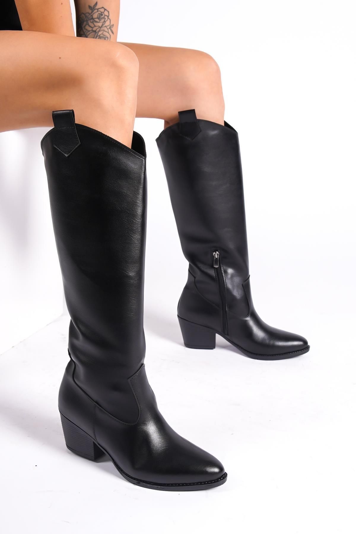 Bak Store Siyah Deri Fermuarlı Uzun Western Kovboy Stili Kadın Çizme