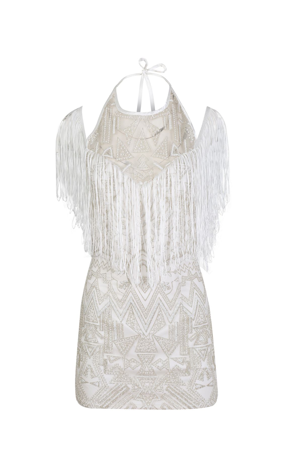 Rheme And Fons Özel Tasarım Couture Püskül Detaylı Simli İç Astarlı Mini Beyaz Ev Çıkış Gelinliği Abiye Elbise