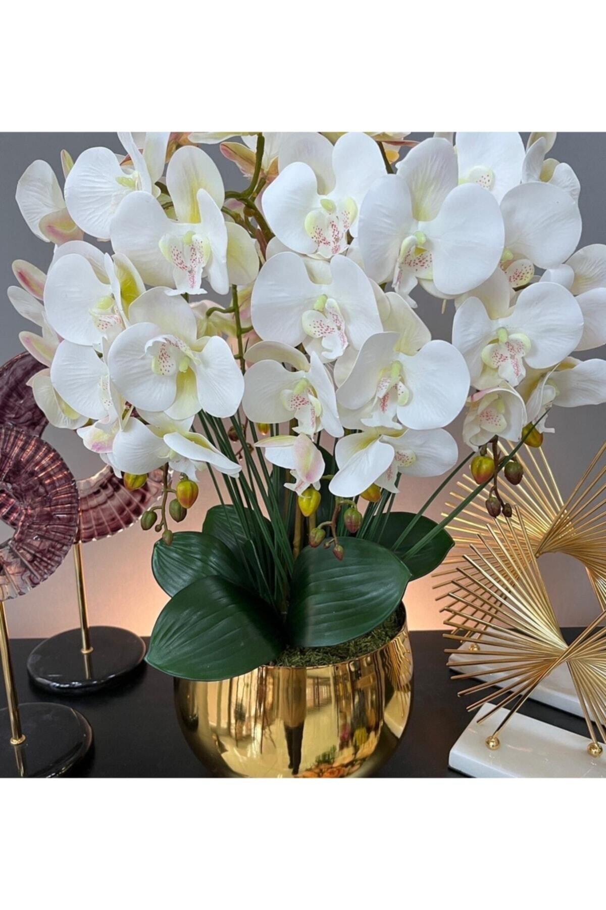 LİLOTEHOME Yapay Orkide Aranjman 6 Dal Beyaz Islak Japon Saksı Parlak Gold