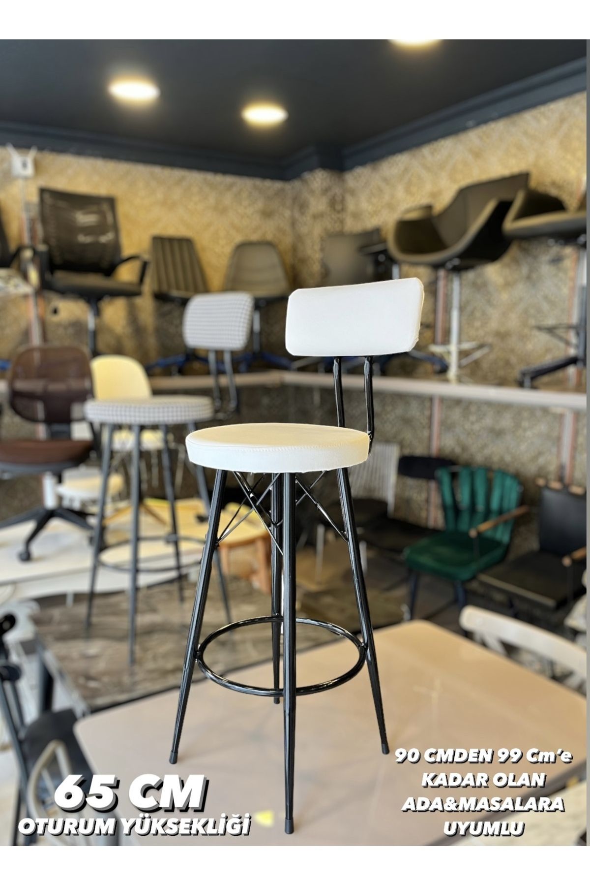 Sandalye Shop Yeni Tasarım Mila Bar Sandalyesi 65 cm Beyaz,Deri.90 cm ile 99 cme kadar olan Ada&Masalara uyumlu