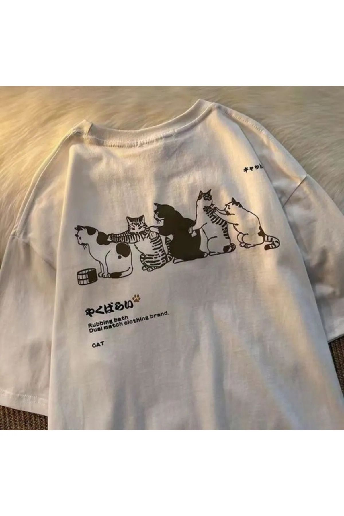 Gofeel Harajuku Vintage Cat Rubbing Baskılı Oversize Unisex Siyah T-shirt