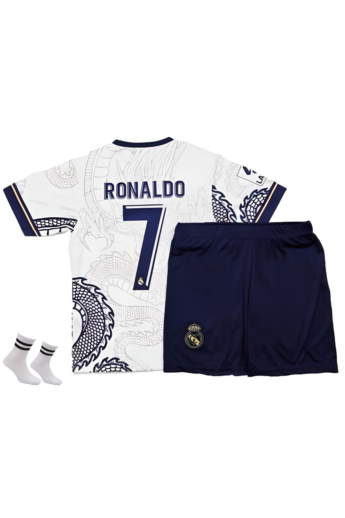 DENAPCAL Ronaldo Beyaz Dragon Real Madrid Ejderha Motifli Yeni Sezon 3'lü Çoçuk Futbol Forma Seti