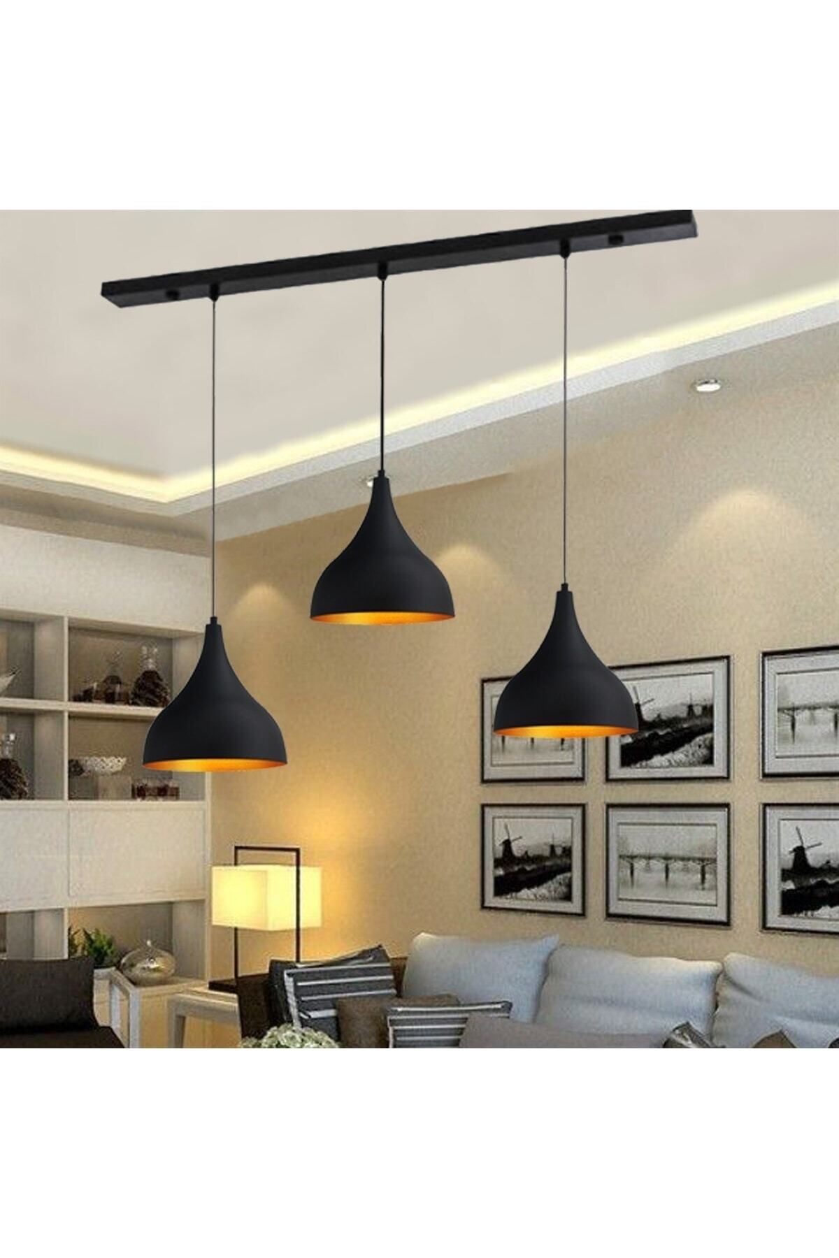 Bamyum Üçlü Uzun Siyah Avize Sarkıt Lamba Salon Masaüstü Mutfak Oturma Odası Otel Avizesi Modelleri