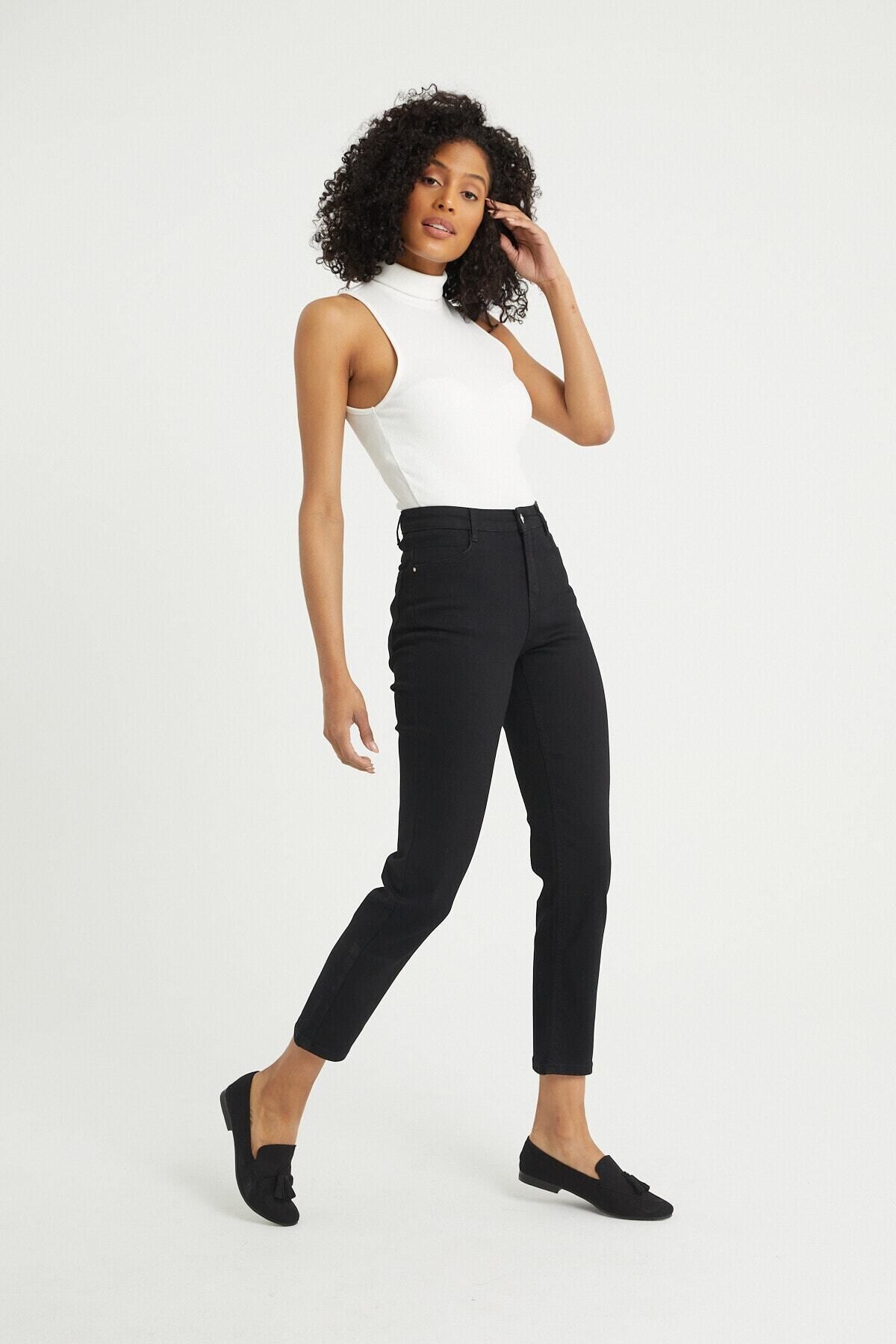 BOSHETTI Essentials Siyah Yüksek Bel Mom Smart Slim Fit Jeans