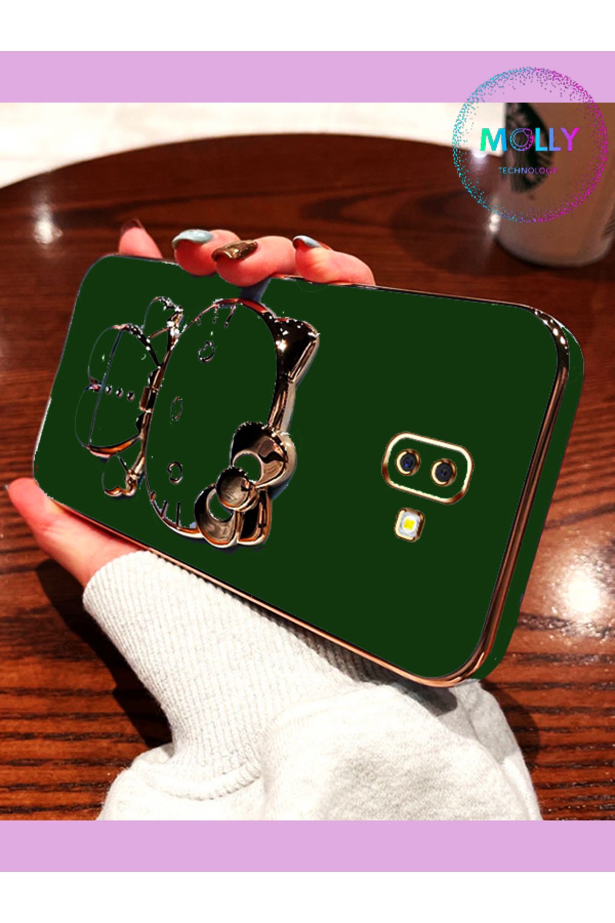 Molly Samsung Galaxy J6 PLUS Için Koyu Yeşil Hello Kitty Standlı Gold Detaylı Lüks Silikon Kılıf