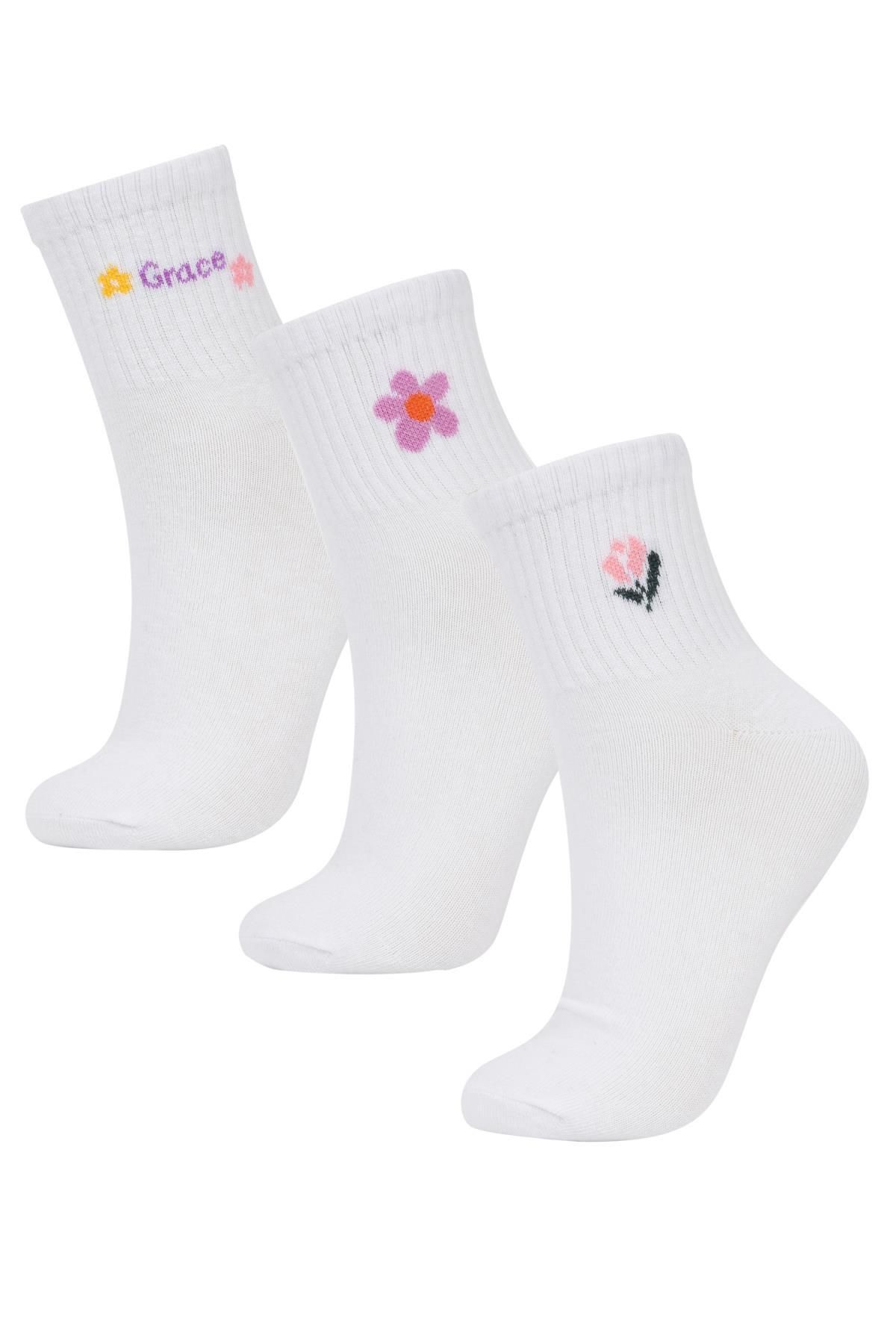 Defacto Kadın Çiçekli 3lü Pamuklu Soket Çorap B6091axns