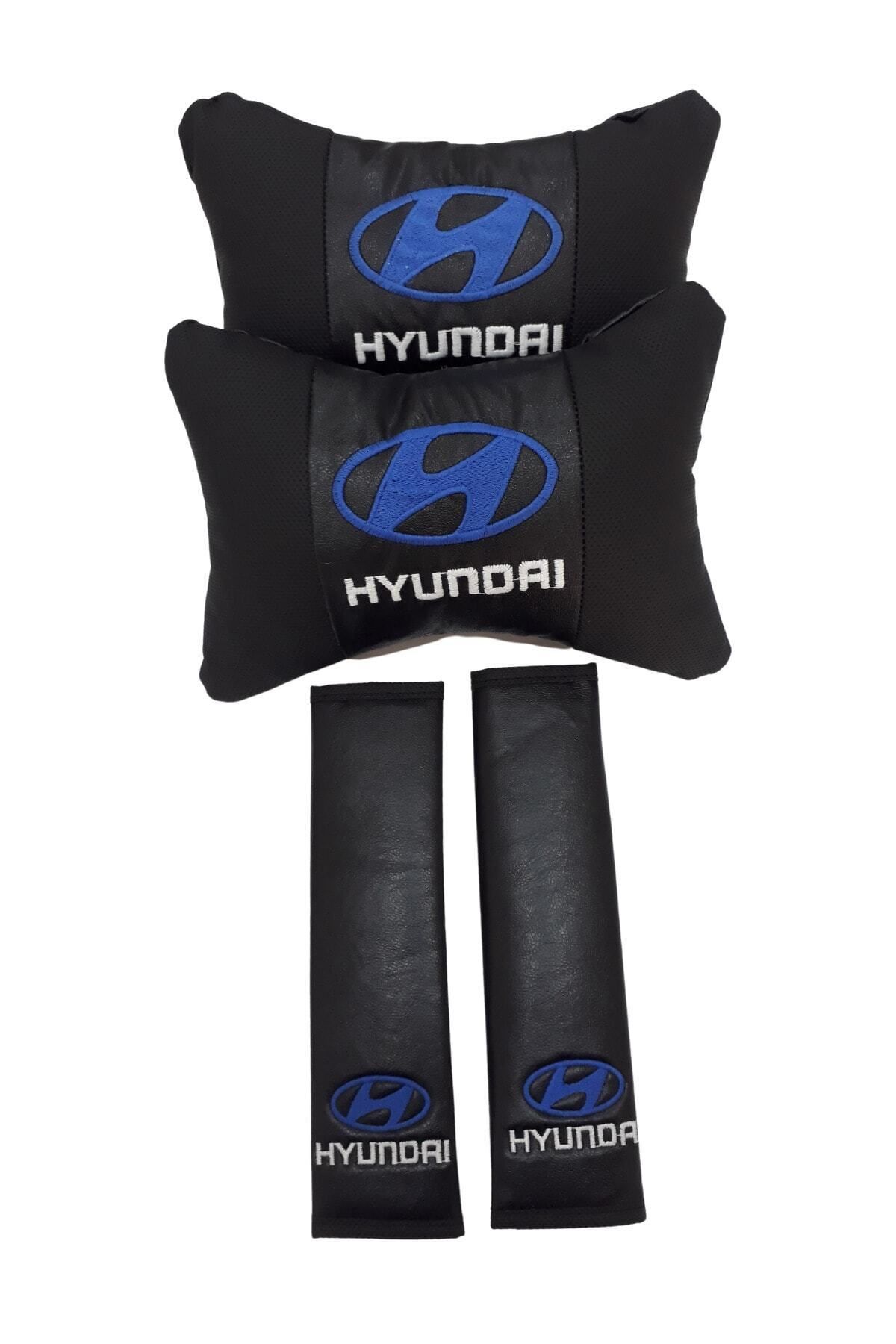 Hyundai 2'li Ortopedik & Nakışlı Lüks Araç Seyahat Deri Boyun Yastığı / Kemer Pedi Takımı