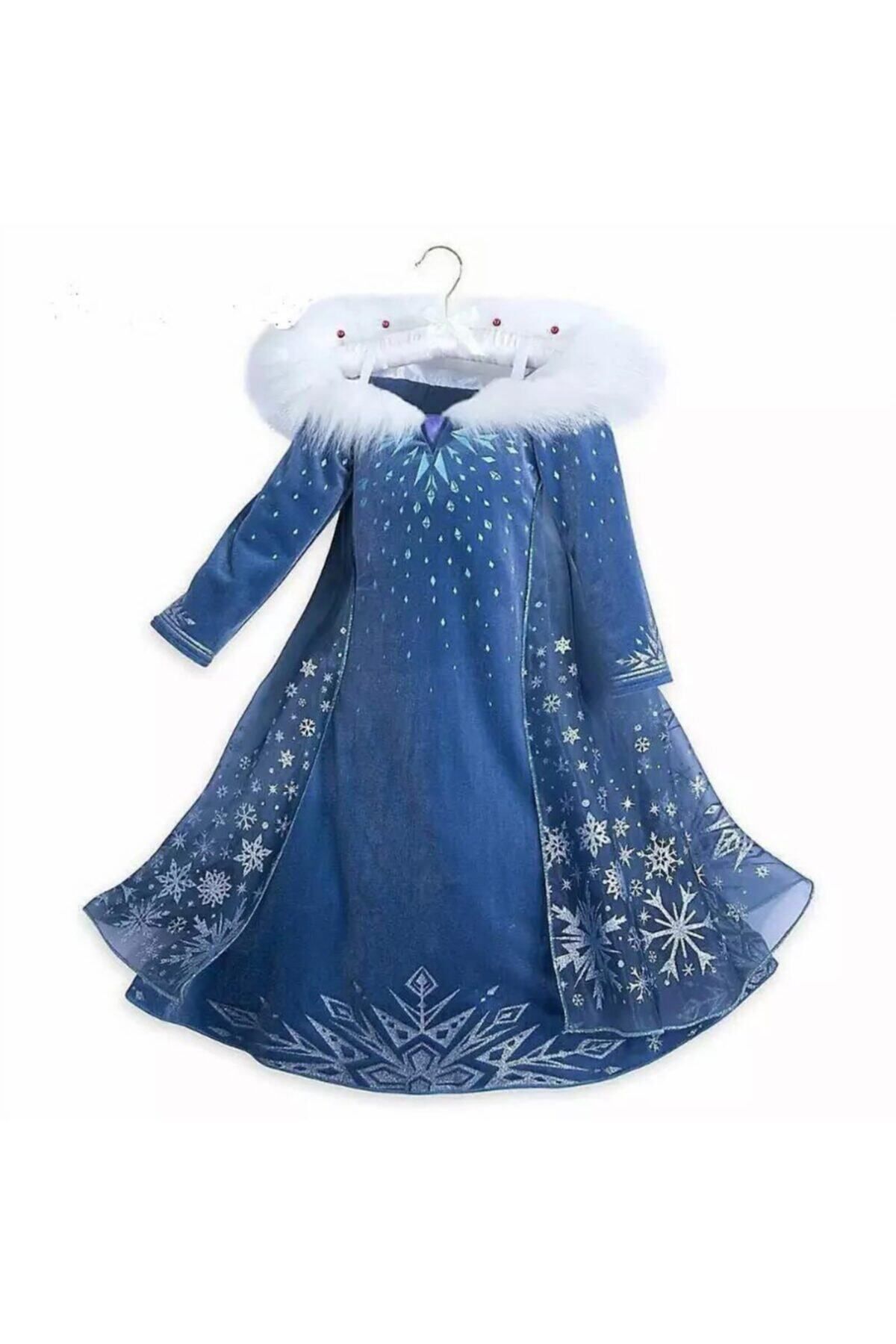 INU Kız Çocuk Doğum Günü Konsepti Lacivert Kürklü Elsa Kostüm