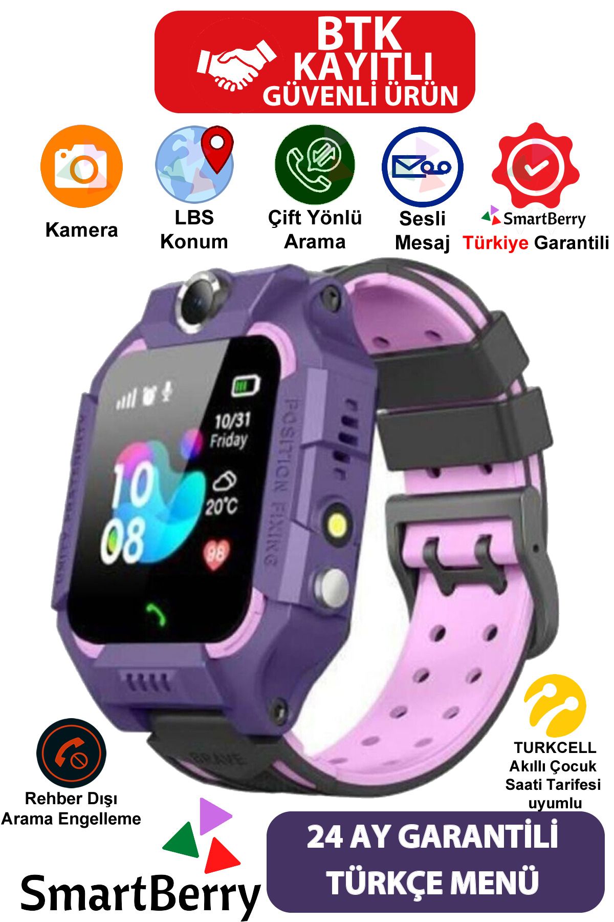 Smartberry Z2 Lbs Konumlu Akıllı Çocuk Takip Saati Sim Kartlı Arama, Kameralı, Gizli Dinleme Özellikli- Mor